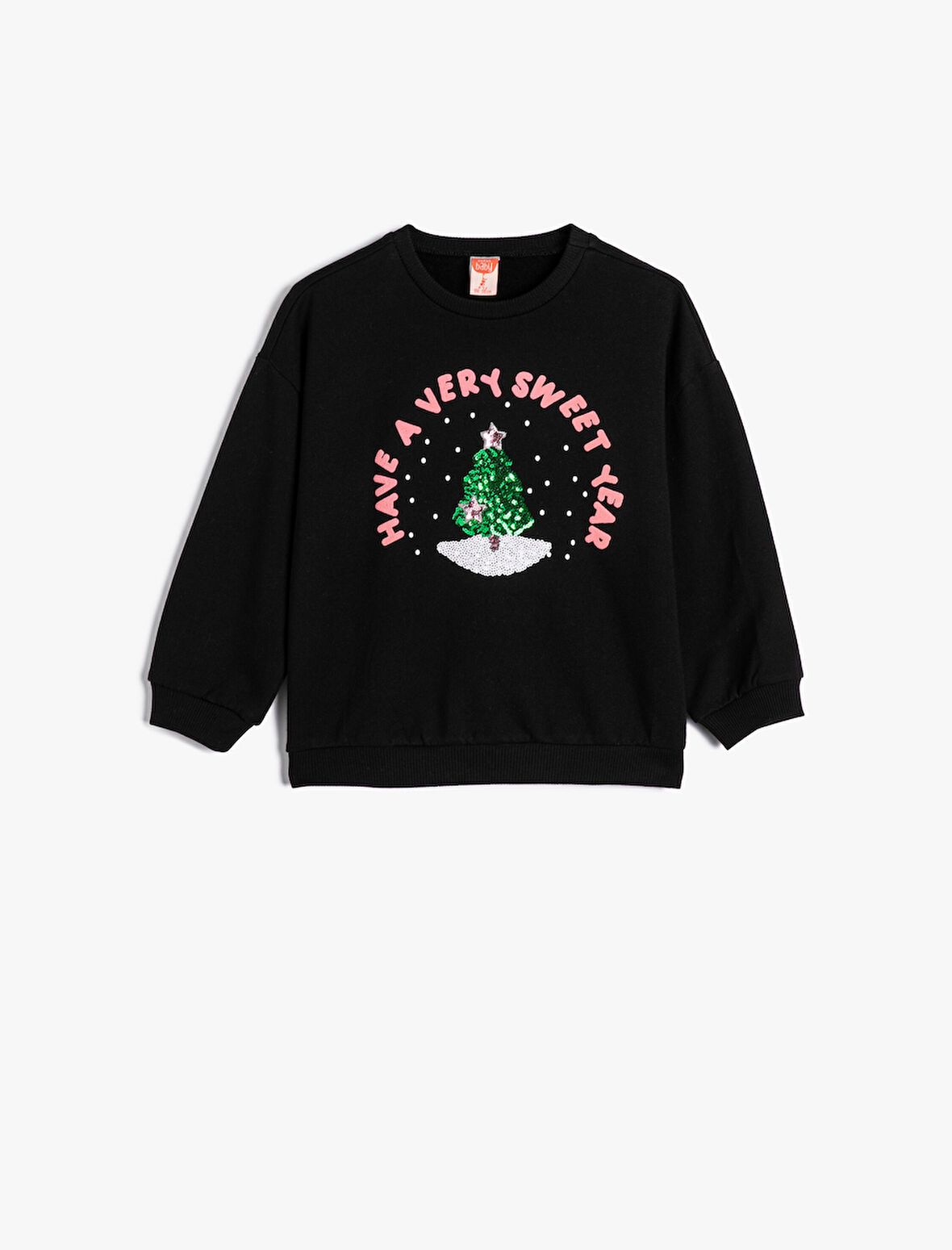 Kız Bebek Sweatshirt Yılbaşı Temalı Pullu Payetli Şardonlu Pamuklu