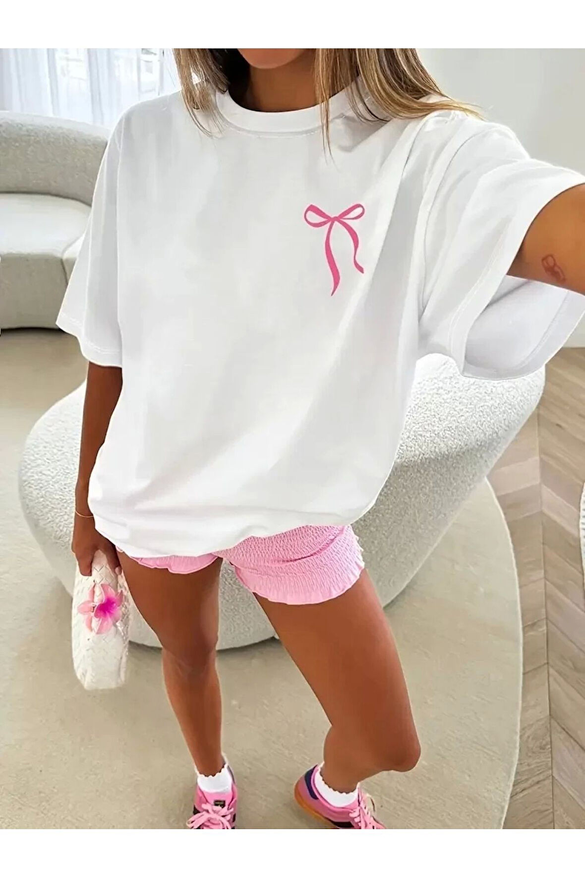 Fiyonk Ön Arka Baskılı Oversize Bisiklet Yaka T-shirt Yazlık - Beyaz