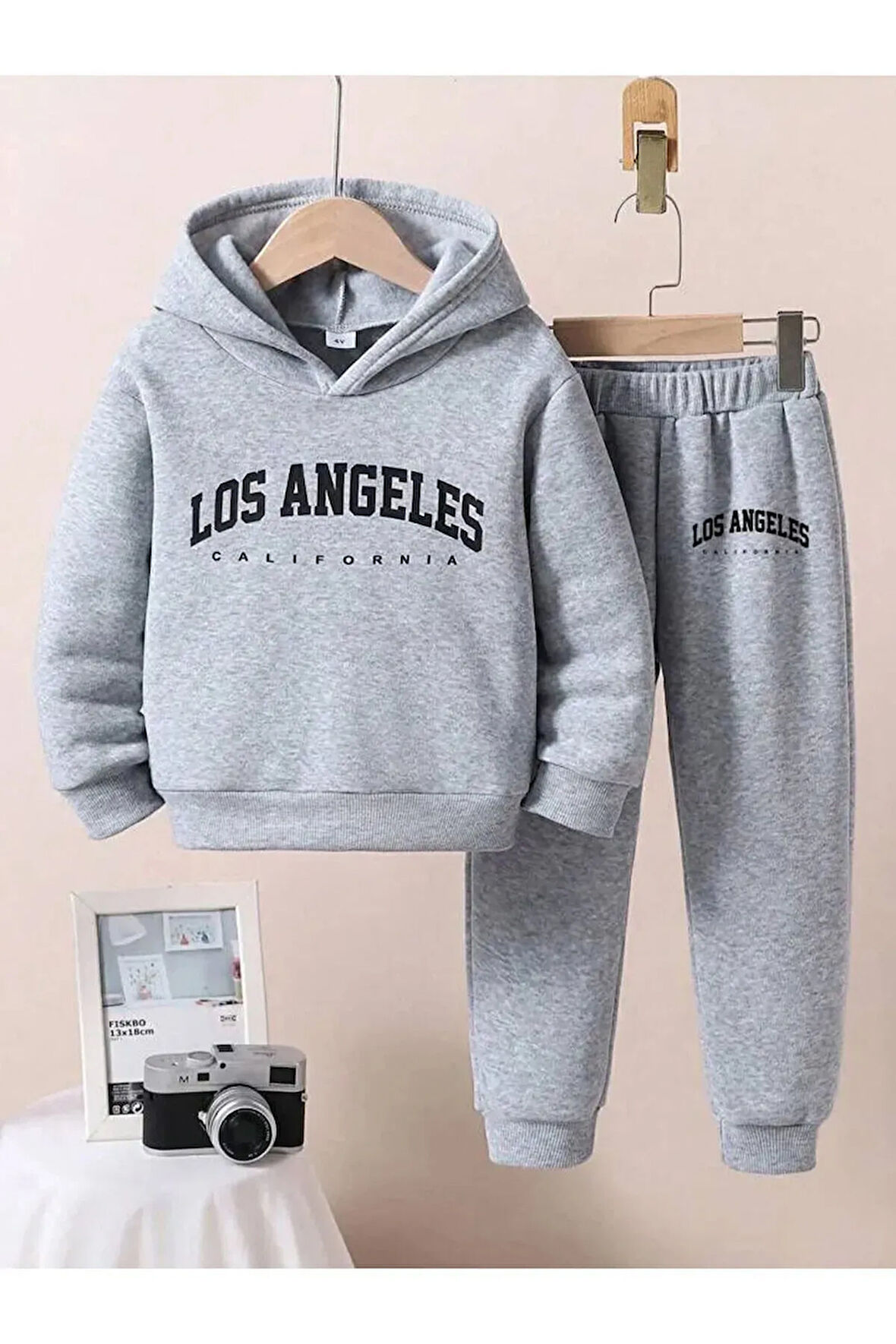 Gri Kapşonlu Çocuk  Baskılı Eşofman Takımı Unisex
