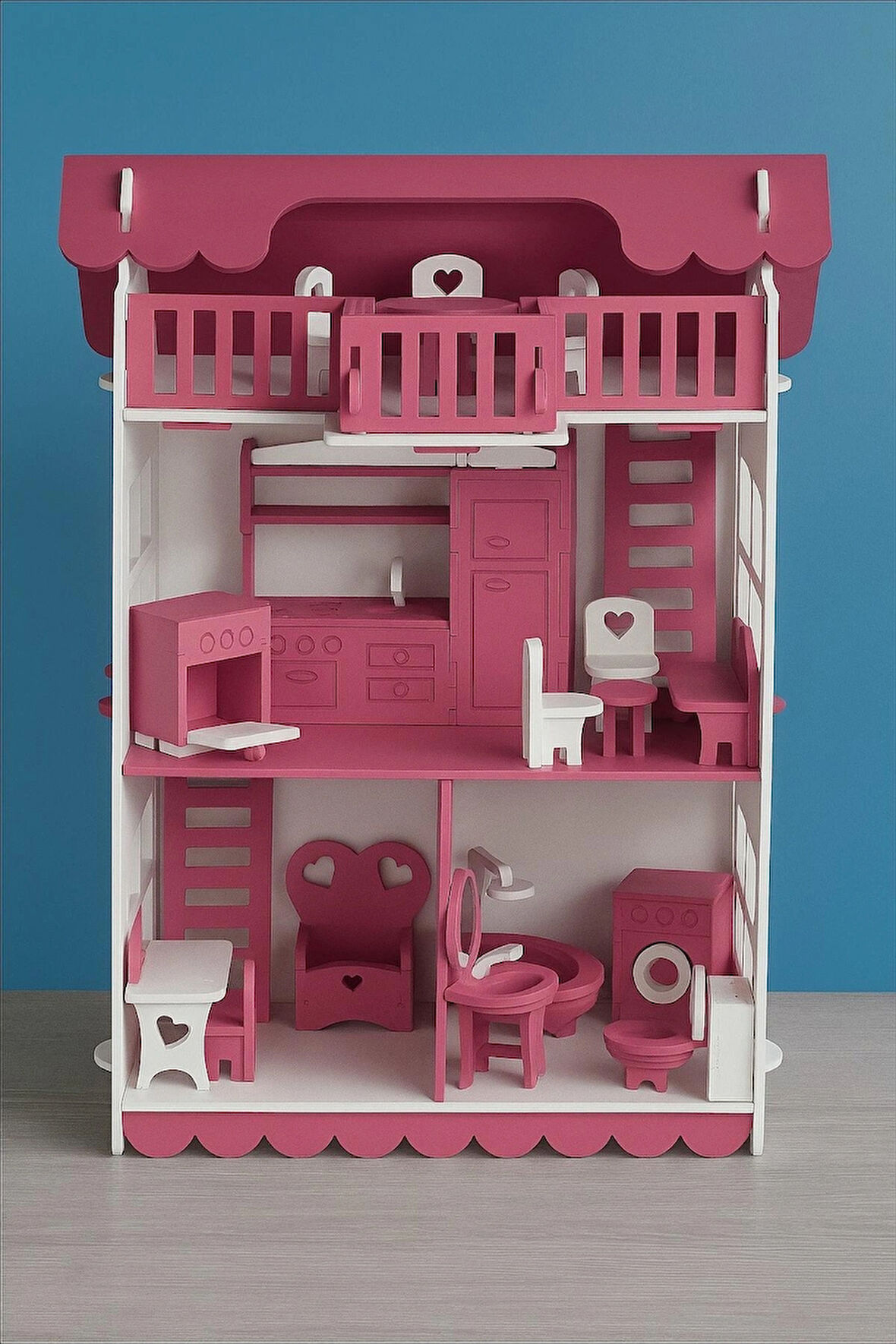 Ahşap Oyun Evi 32 Parça Koyu Pembe