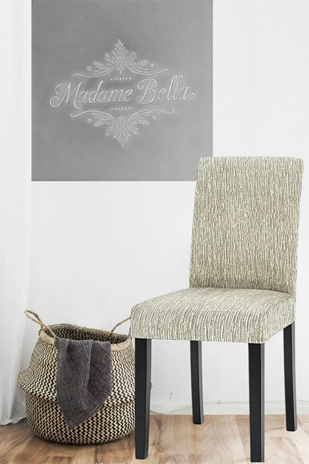 Taş Gri Çubuk desen jakarlı esnek yıkanabilir lastikli 1 Adet 45x45x60 Boyutunda sandalye kılıfı