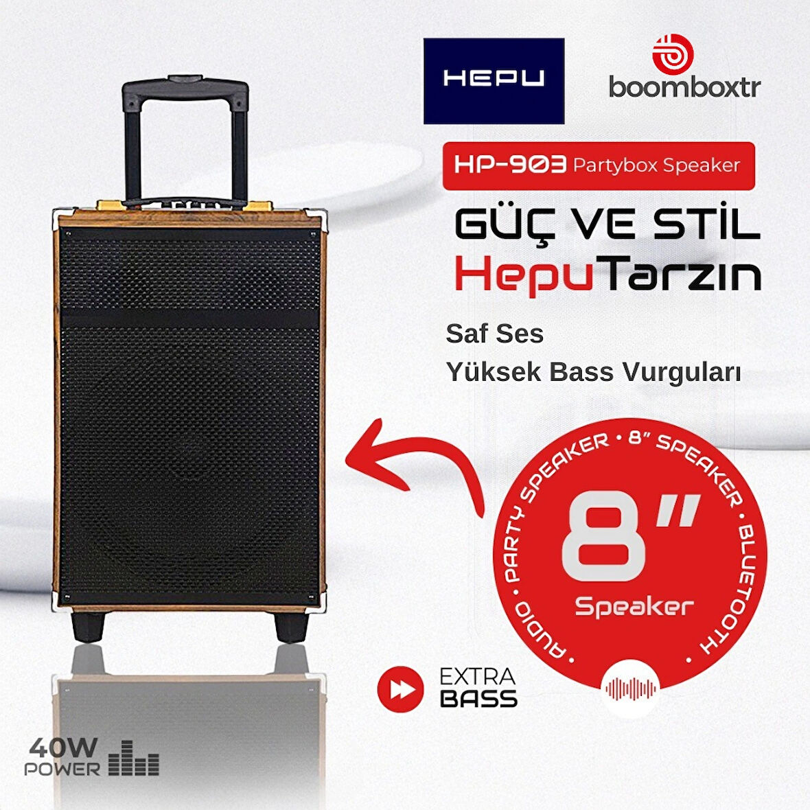 HEPU HP-903 Taşınabilir Şarjlı Amfi Ahşap Kasa Bluetooth Hoparlör 40 w Rms 8 inc Woofer