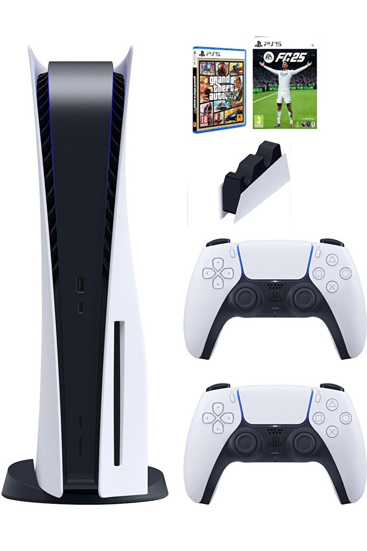 Playstation 5 Standart +2. Kol Dualsense + Şarj istasyonu + ps5 FC25 + Ps5 GTA (İthalatçı Garantili)