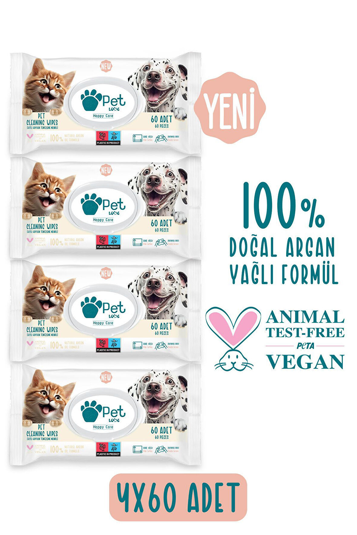 Kediler Ve Köpekler Için Evcil Hayvan Temizleme Mendili 4x60 Adet 100% Doğal Argan Yağlı