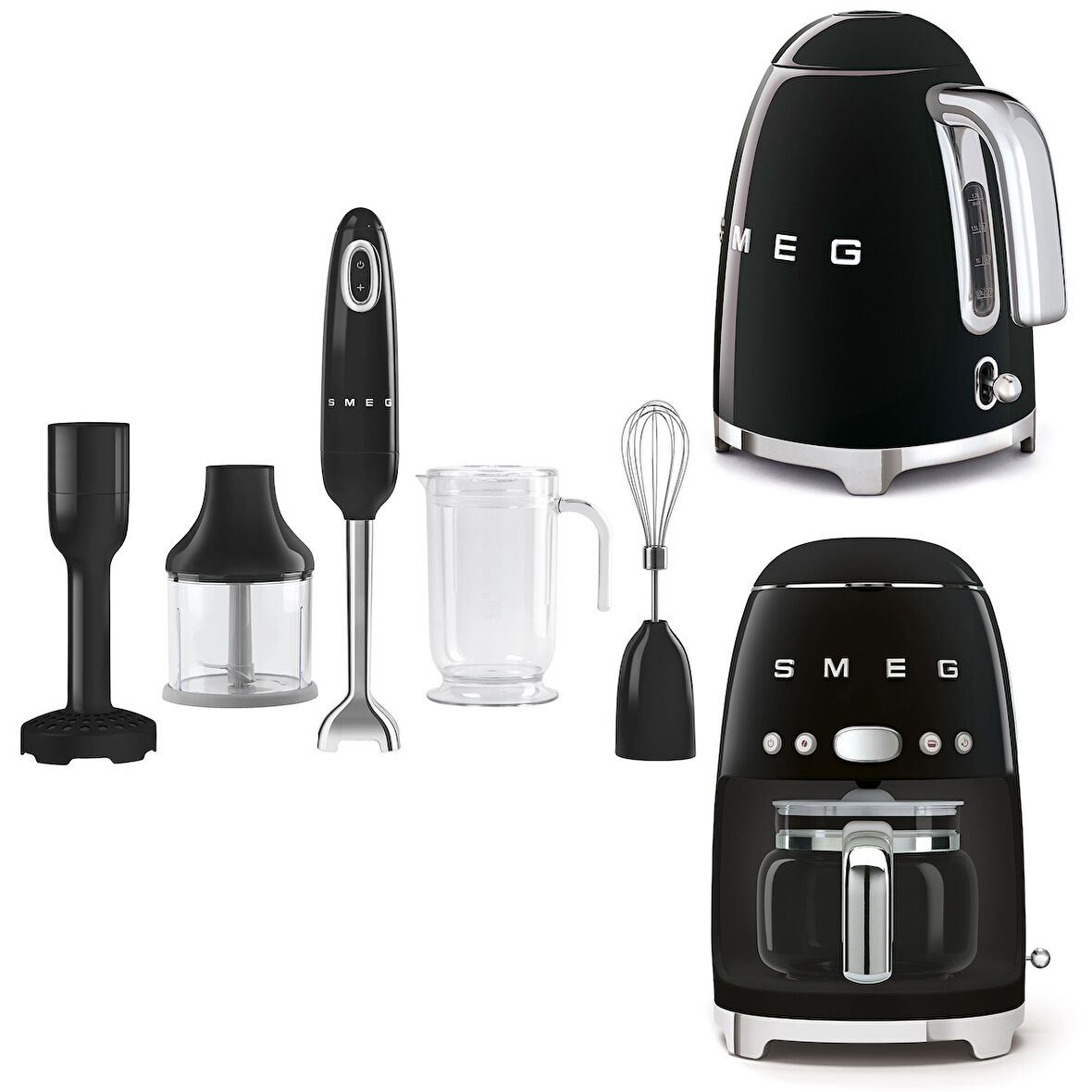 Smeg Siyah Kettle-Filtre Kahve Makinesi ve El Blender Seti