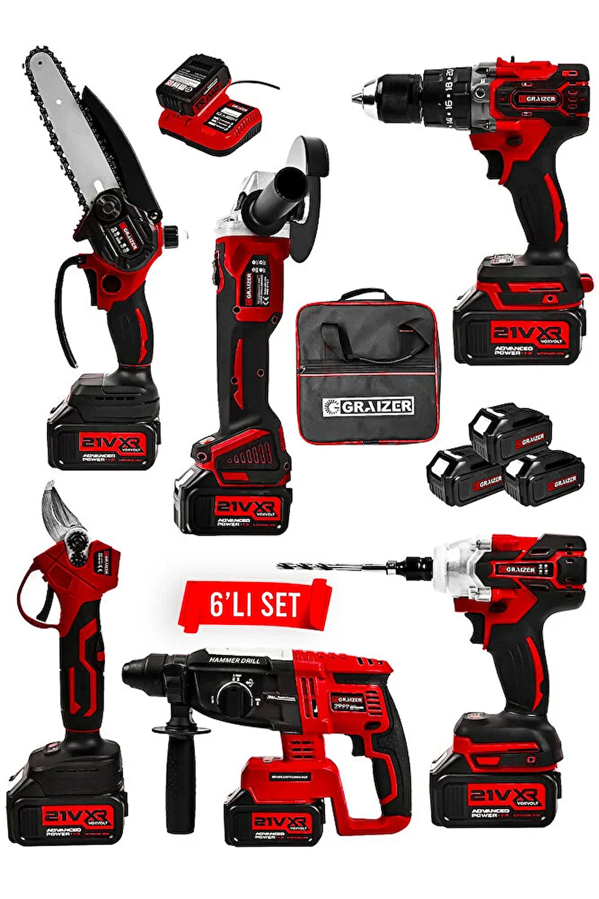 Profesyonel 21v Bez Çantalı Kömürsüz Darbeli 6'lı Set Kırmızı