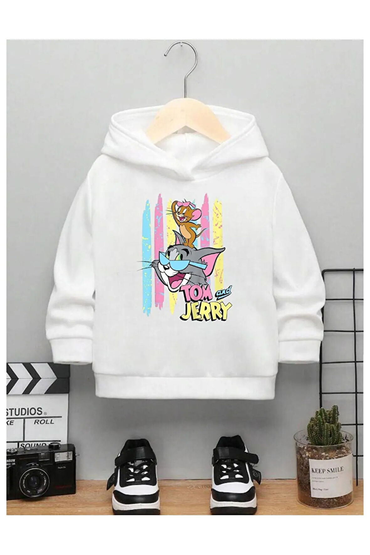 Çocuk Tasarım Tom And Jerry Renk Baskılı Kapüşonlu Sweatshirt Pamuklu