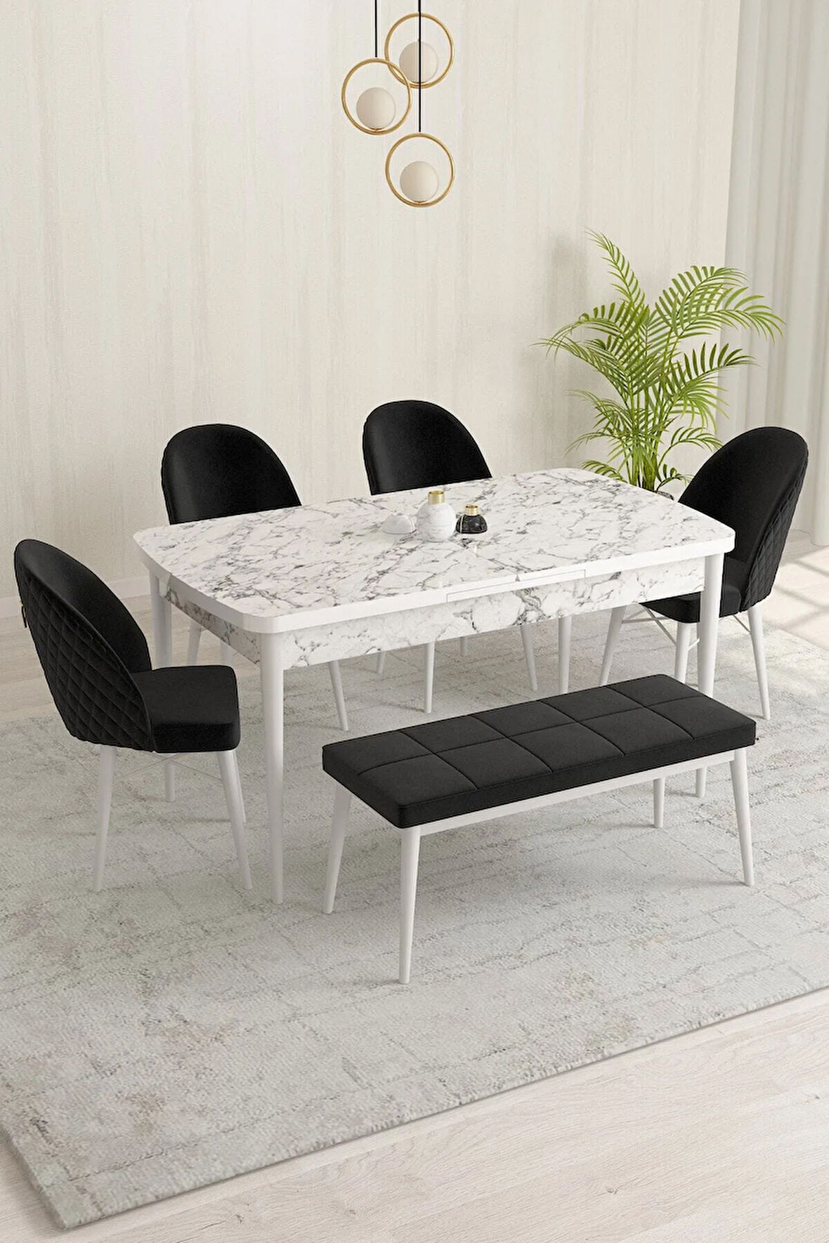 Marsilya Beyaz Mermer Desen 80x132 MDF Açılabilir Mutfak Masası Takımı 4 Sandalye, 1 Bench