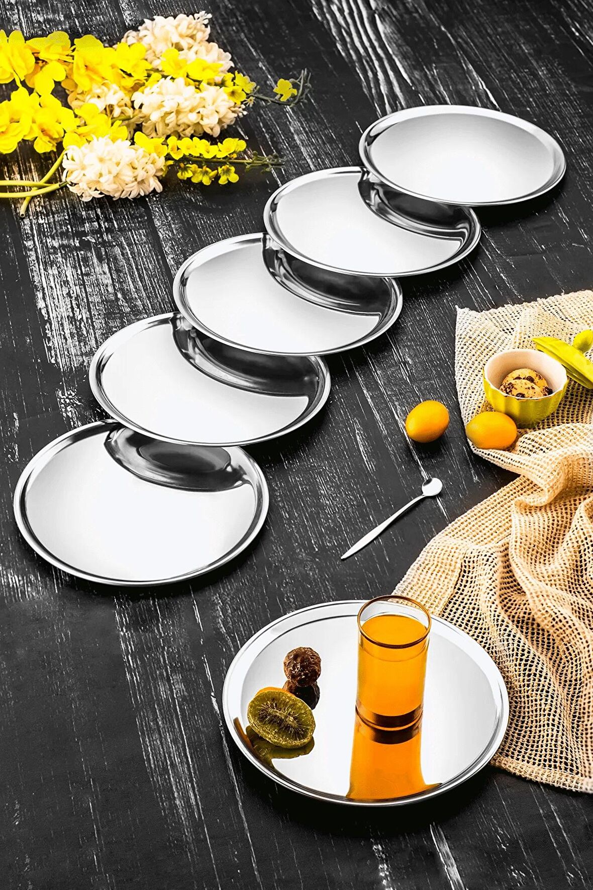 6 Adet Lüx 21,5 Cm Gümüş Yuvarlak Servis Sunum Tepsisi