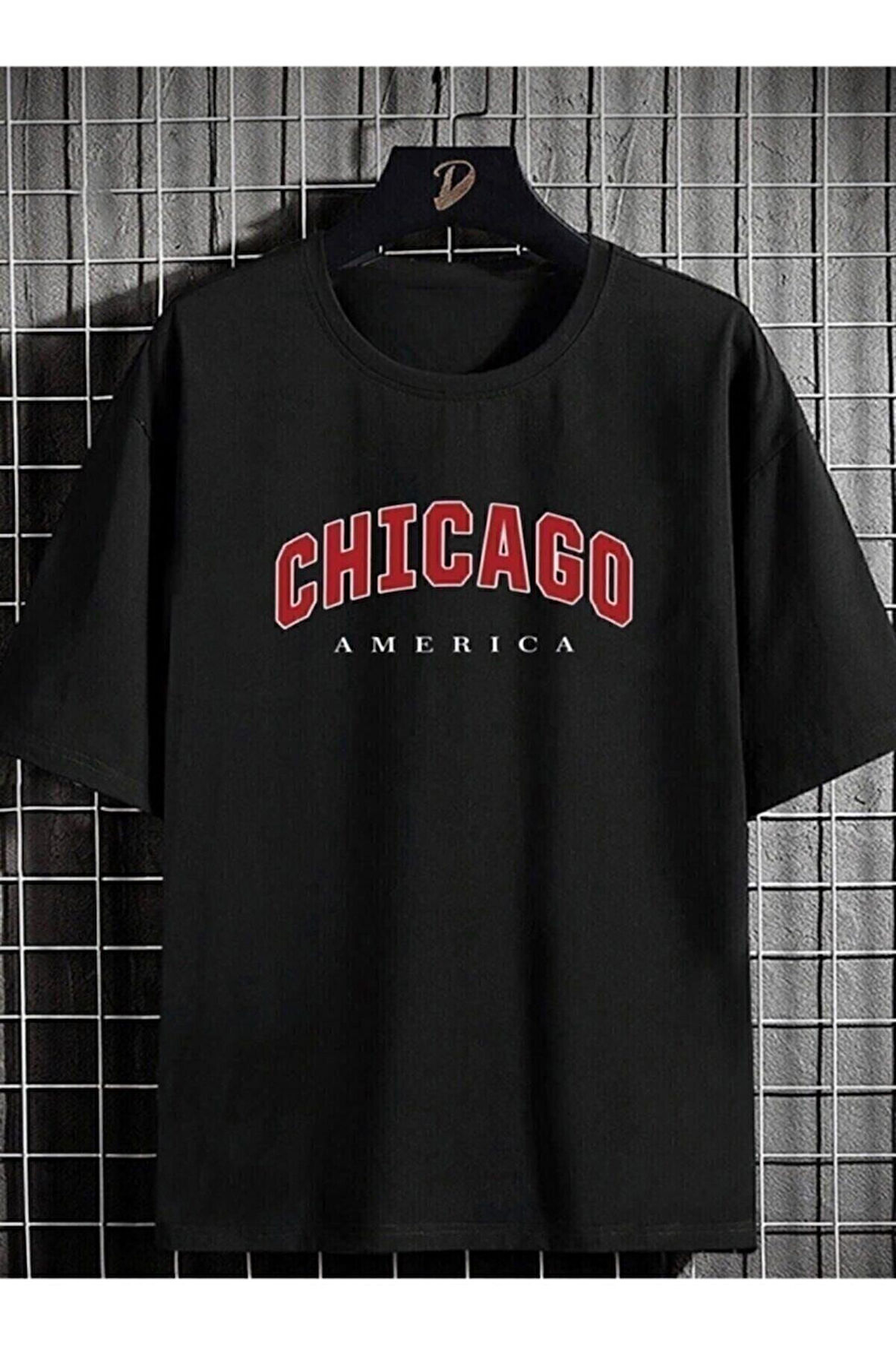 Siyah Chicago Baskılı Oversize Penye T-shirt Tişört