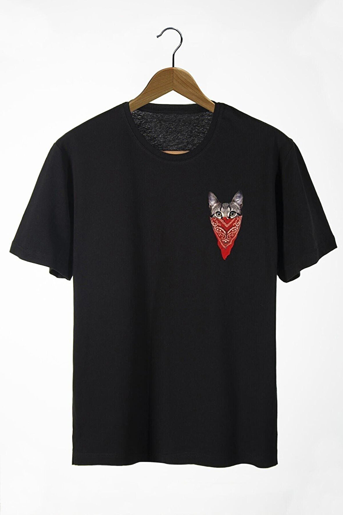 Erkek Siyah Maskeli Kedi Baskılı Bisiklet Yaka Oversize Rahat Kalıp Basic T-shirt