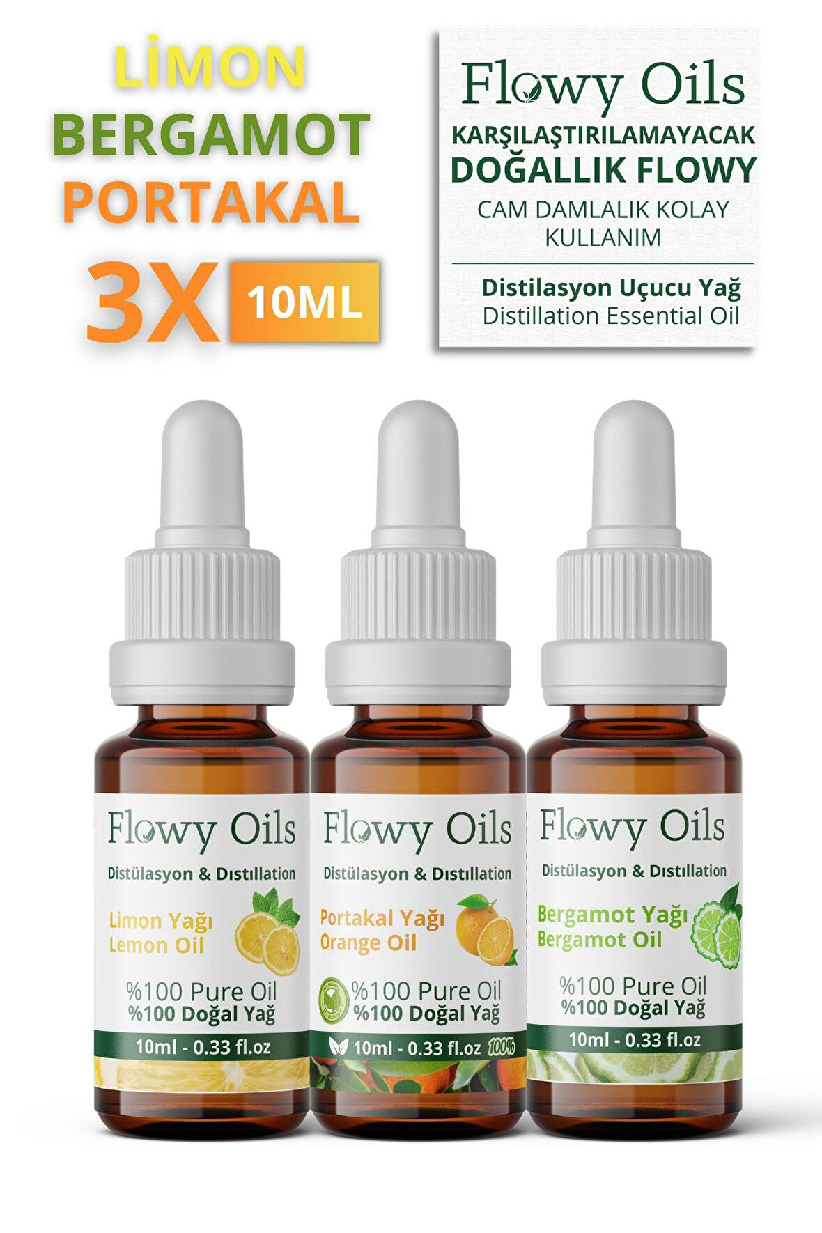 Portakal Yağı, Limon Yağı, Bergamot Yağı 3'lü Narenciye Set %100 Doğal Bitkisel Uçucu Yağ 10ml
