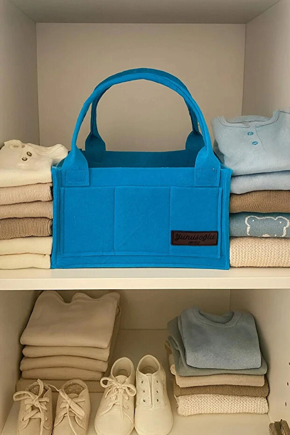 Mavi Keçe Anne Bebek Bakım Çantası Yenidoğan İçin Organizer Düzenleyici