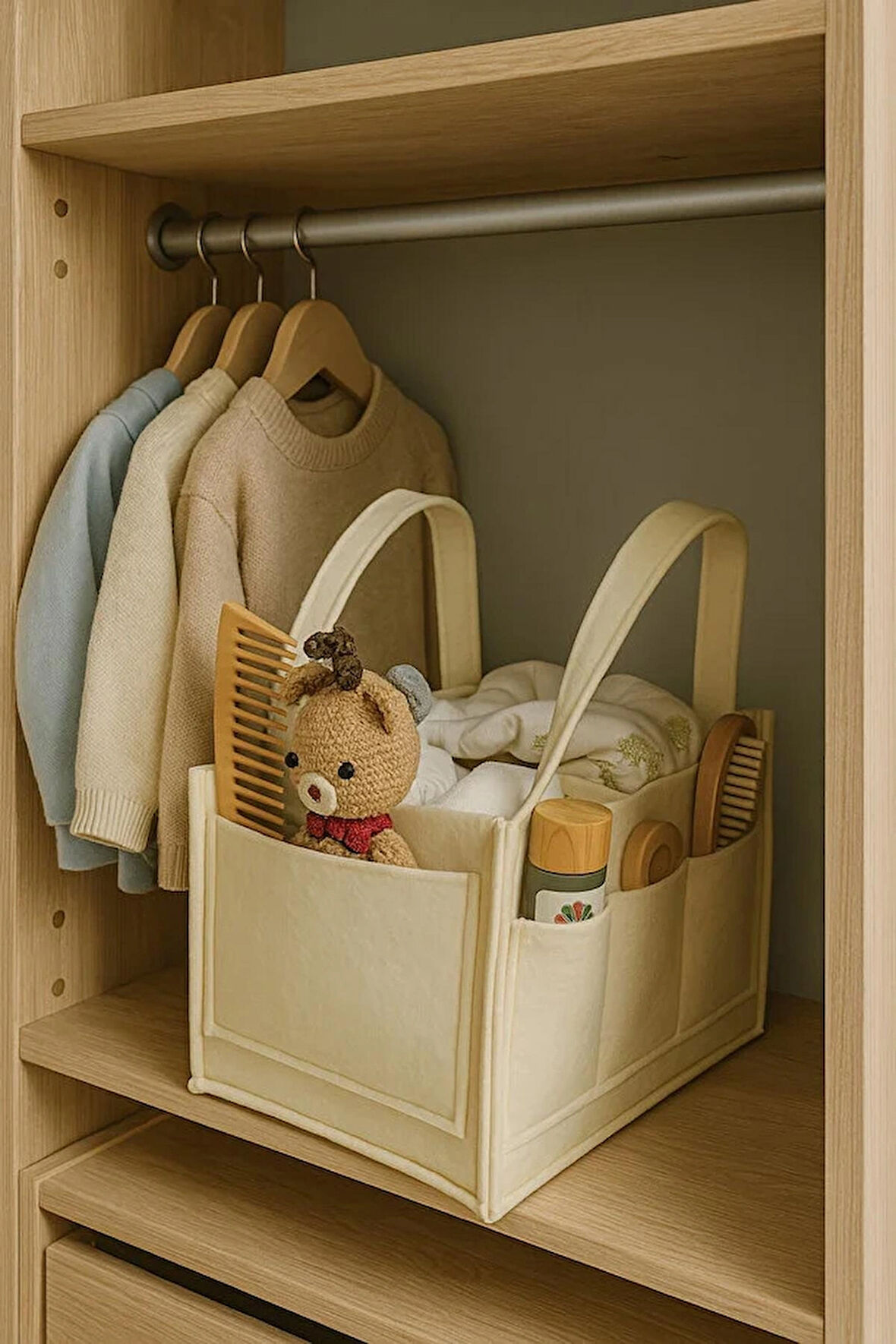 Krem Anne Bebek Keçe Bakım Çantası Yenidoğan İçin Organizer Düzenleyici Çok Amaçlı