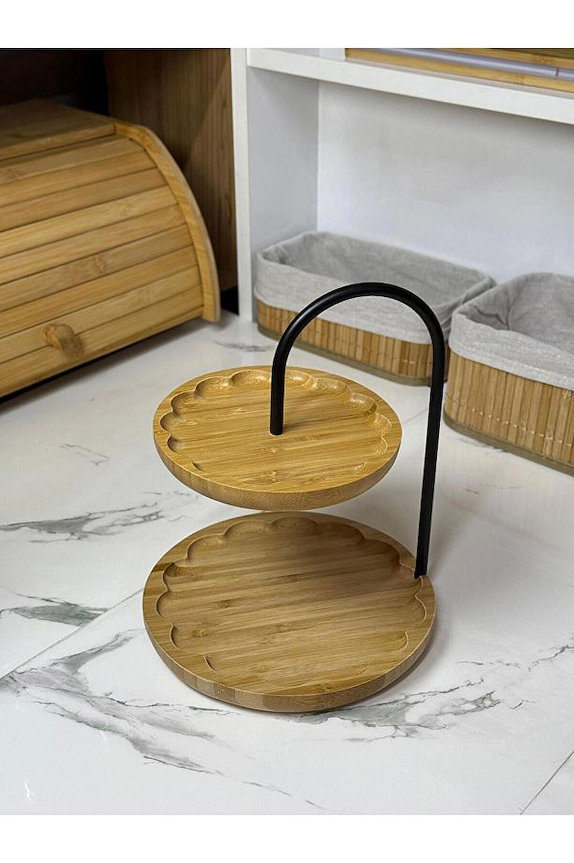 Blissra Bambu Sunumluk, Sunum Standı, Çift Katlı Sunumluk, Bambu Papatya Sunumluk