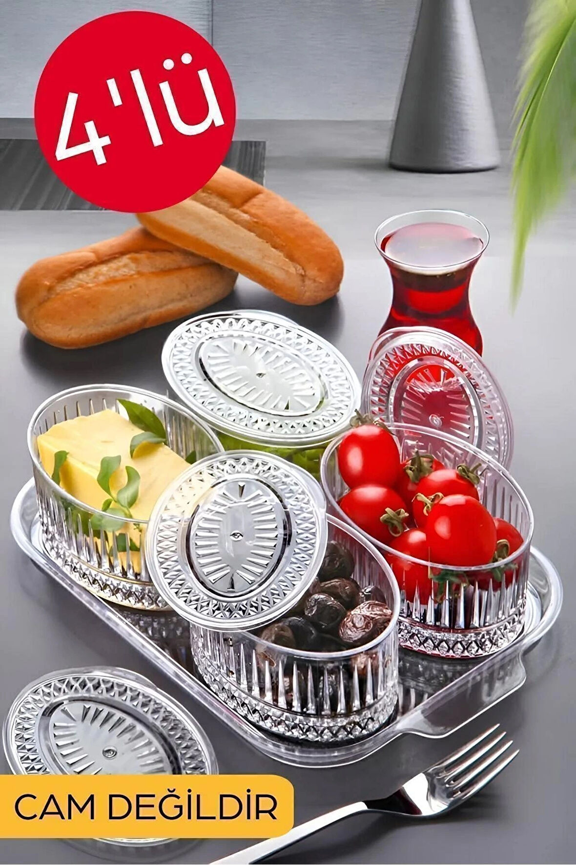 4'lü Kristal Oval Kapaklı Kahvaltılık Set Cam Değildir