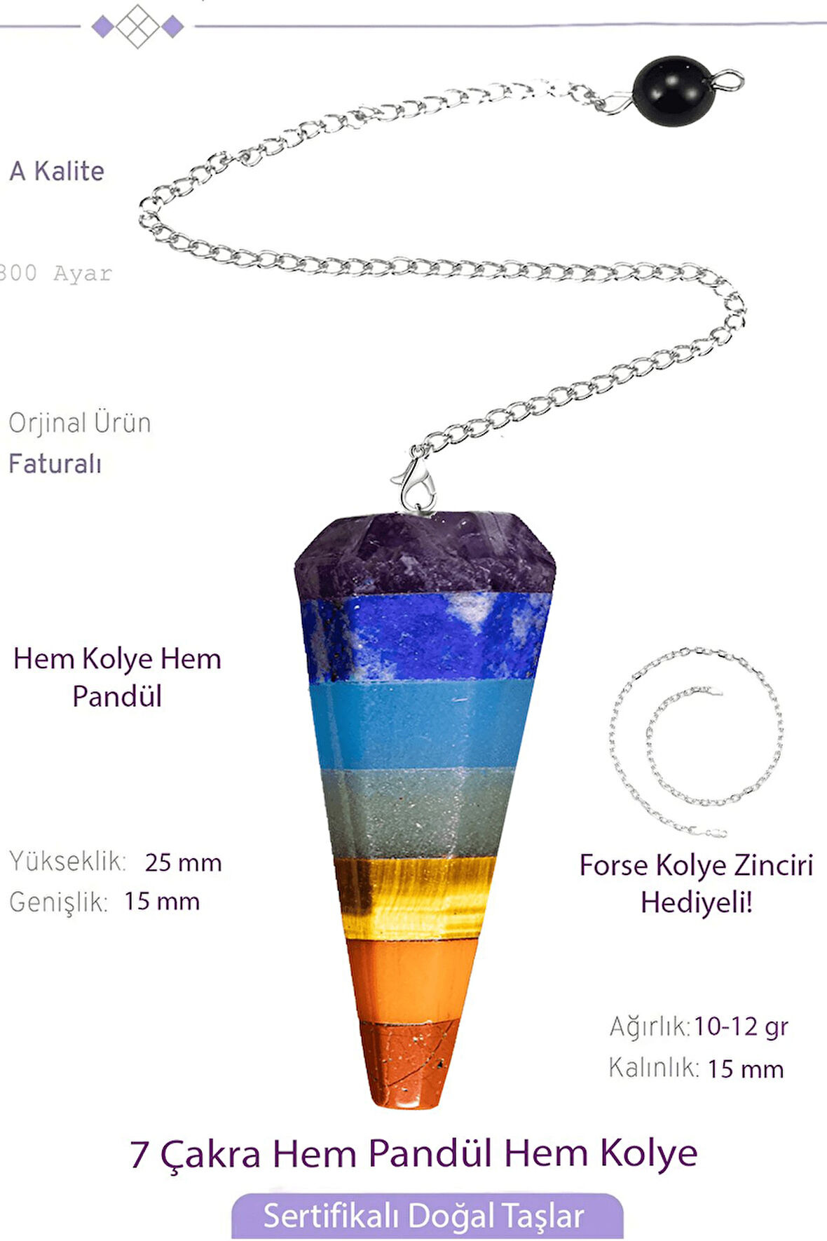 Sertifikalı 7 Çakra Doğal Taş Pandül Sarkaç Hem Pandül - Hem Kolye