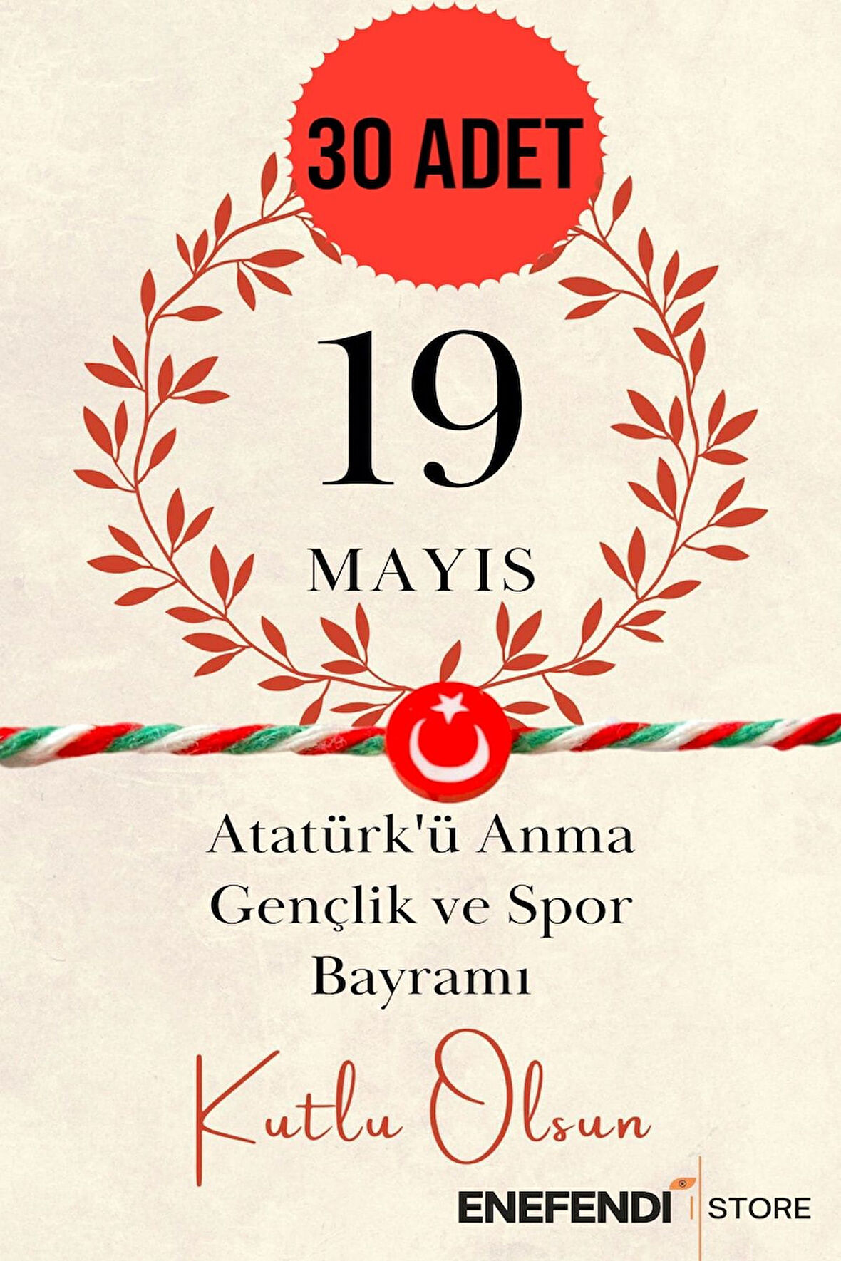 30 Adet 19 Mayıs Tebrik Kartlı Fimo Ay Yıldızlı Marteniçka Bileklik Kırmızı Yeşil Beyaz