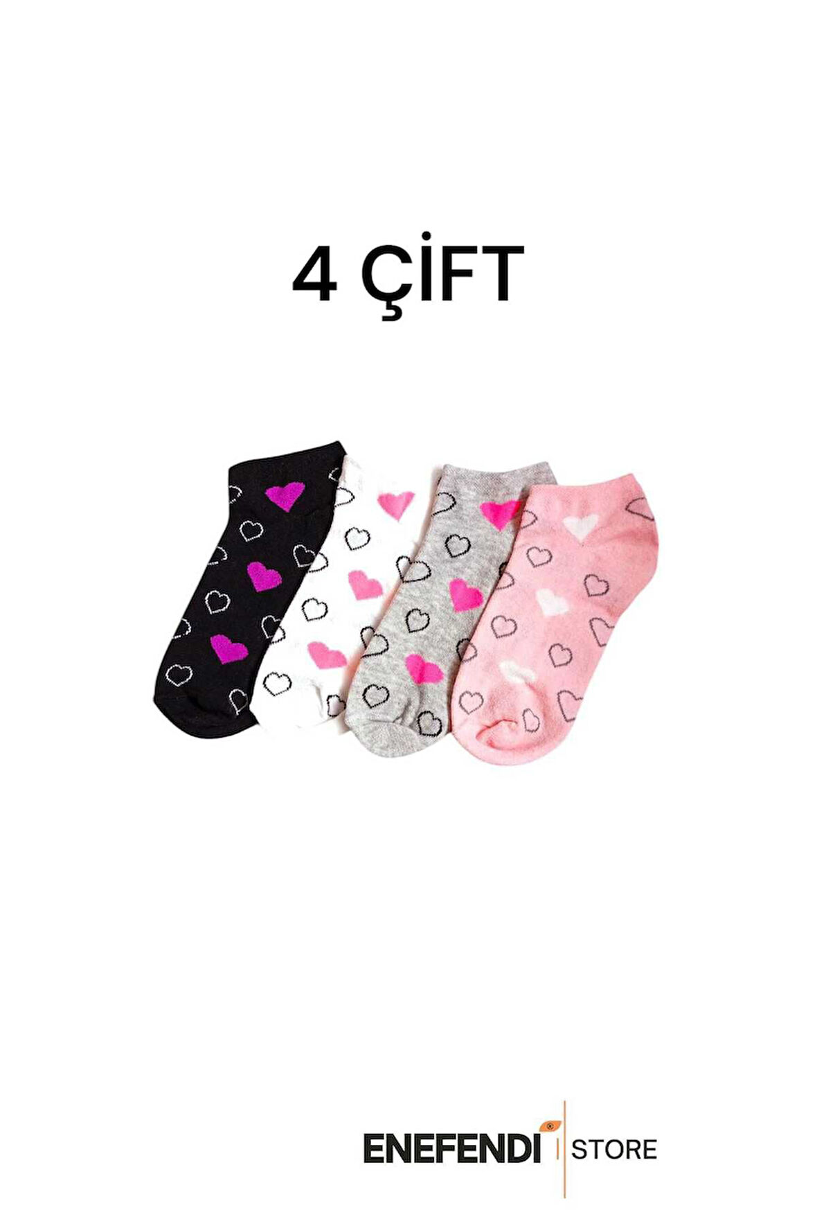 KADIN PATİK ÇORAP 4 ÇİFT KALP DESENLİ PAMUKLU KISAKONÇ ÇORABI 36-40
