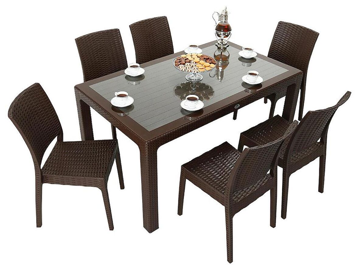 Mandella Elit Rattan 90x150 Elit Sandalye Camlı Masa Takımı KAHVERENGİ