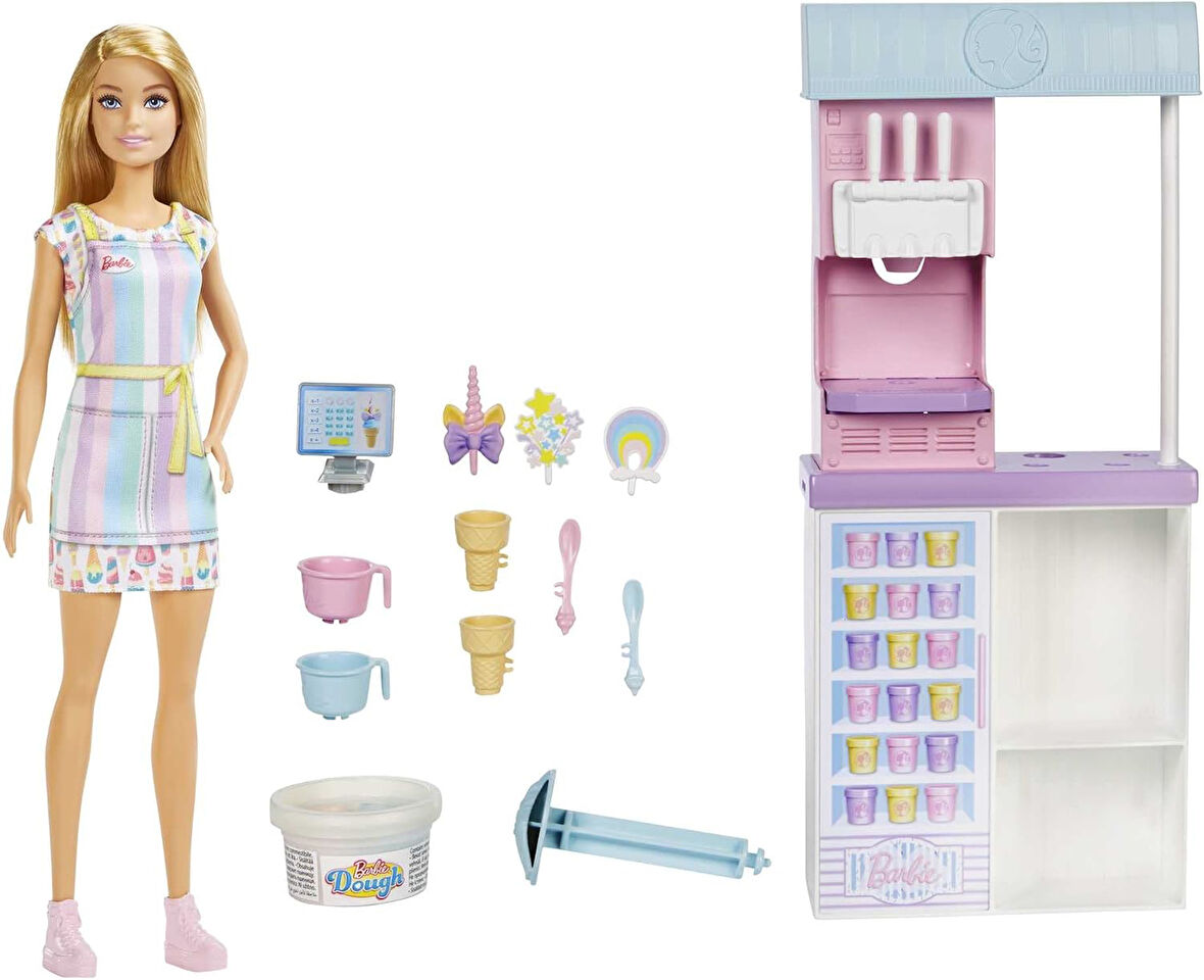 Barbie Dondurma Dükkanı Oyun Seti, 30 Cm Sarışın Bebek, 2 Kutu Oyun Hamuru, 2 Kase, 2 Külah, 3 Dekor