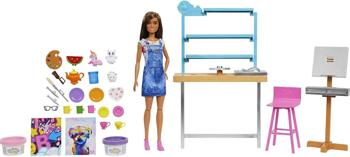 Barbie'Nin Sanat Atölyesi, Barbie Bebek (29 Cm), Çömlek Yapımı Ve Resim Sanatı Için 25'Ten Fazla Aks