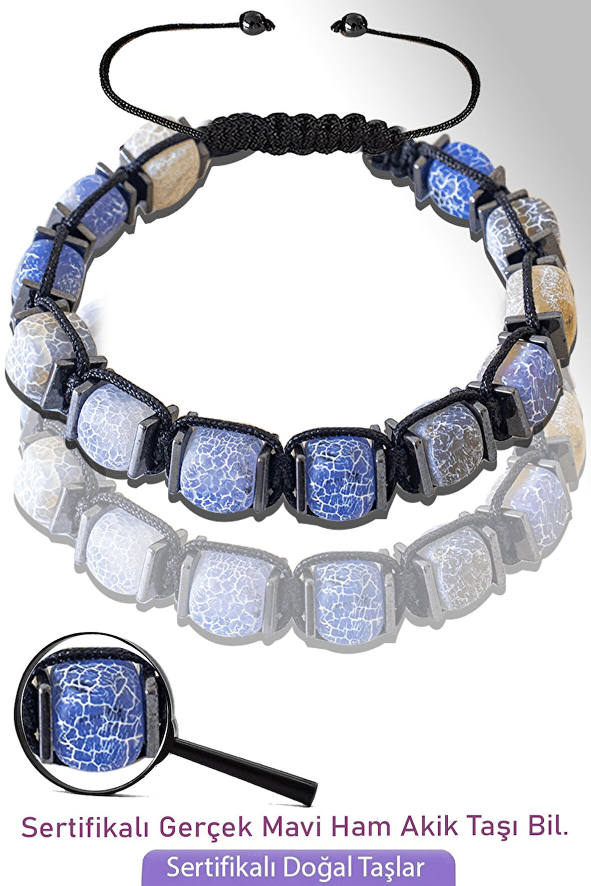 Sertifikalı Küp Model Ham Doğal Açık Mavi Akik Taşı Bileklik - Ayarlamalı