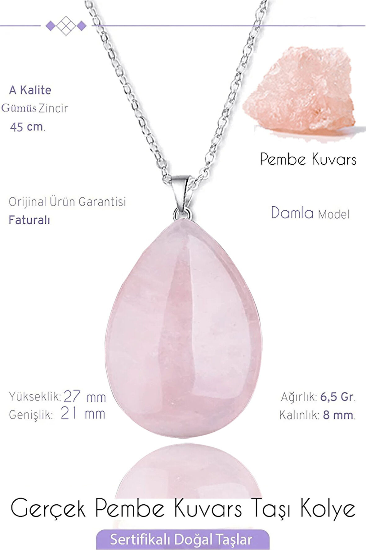 Sertifikalı Damla Model Pembe Kuvars Taşı Kolye - Açık Renk