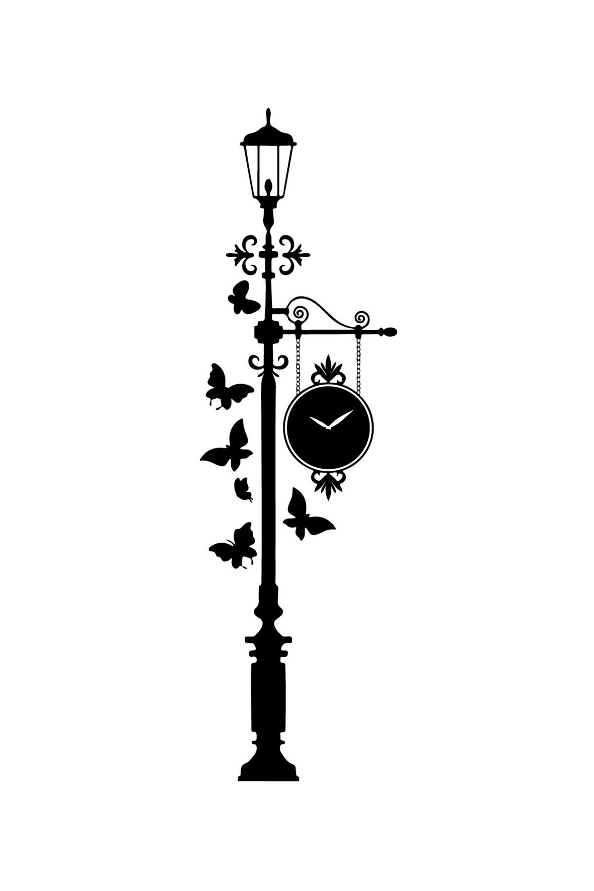 Park Lambası Kelebekler Ve Duvar Saati Duvar Dekor Sticker 35 x 120 cm