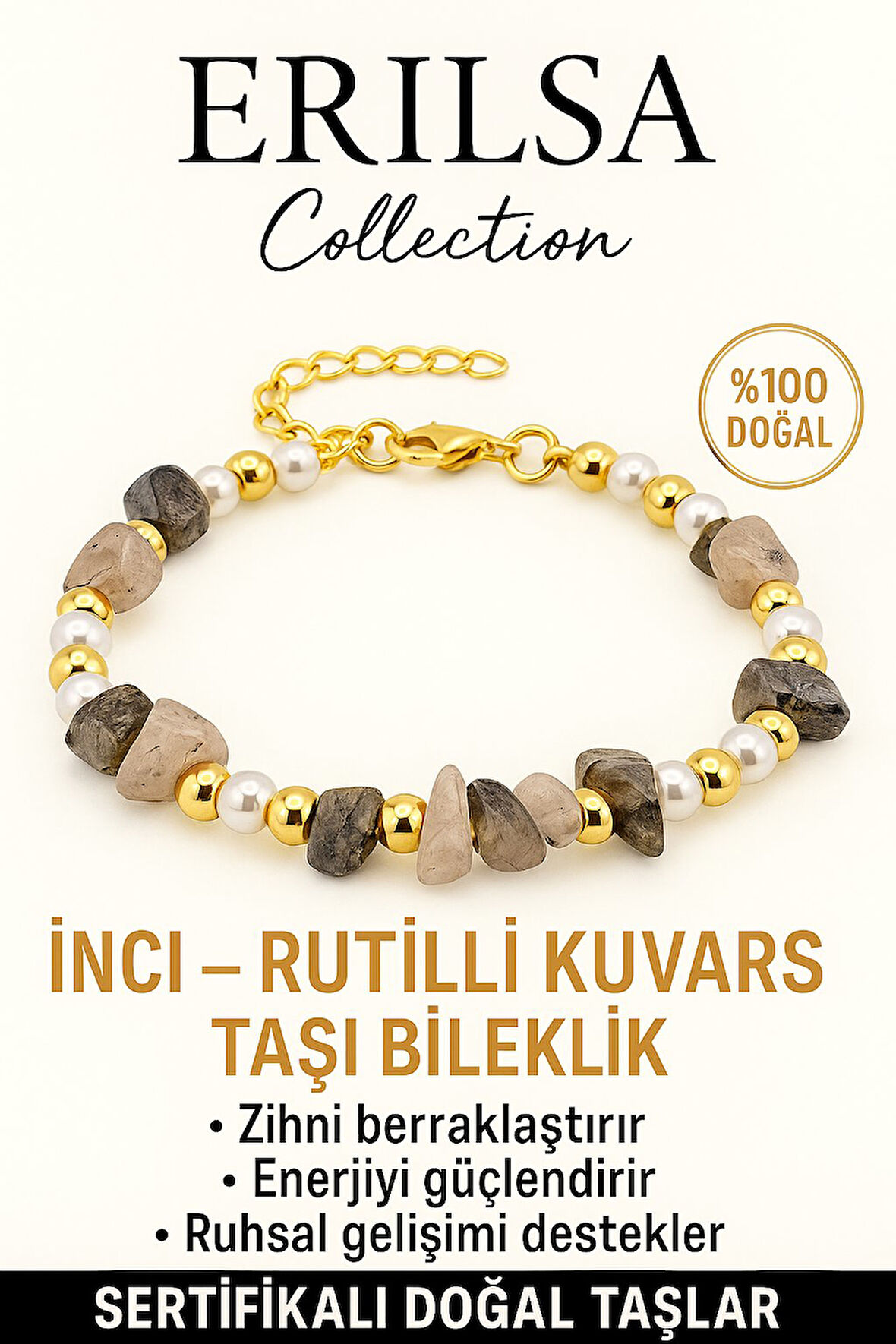 Sertifikalı İnci ve Rutil Kuvars Taşı Bileklik – Zihinsel Berraklık
