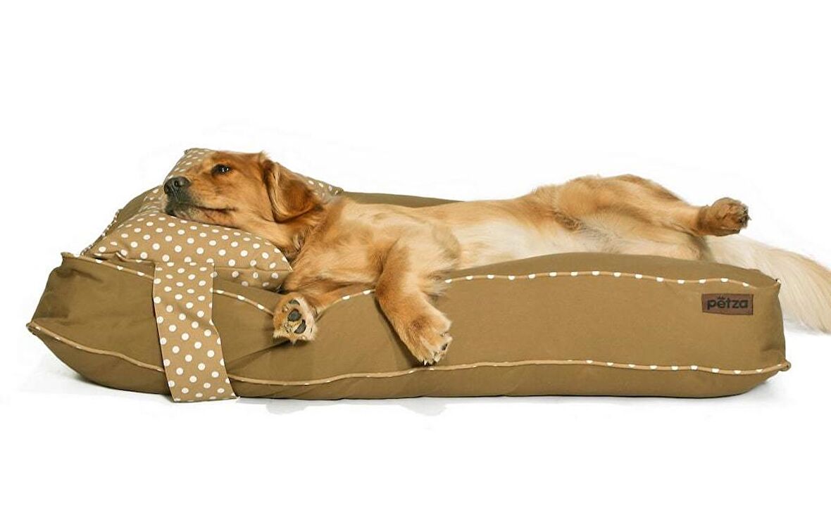 Petza Paja L Üstü Açık - Yastıklı Çift Taraflı - Fermuarlı Bej - Kahverengi Büyük - Orta Irk Köpek Yatağı
