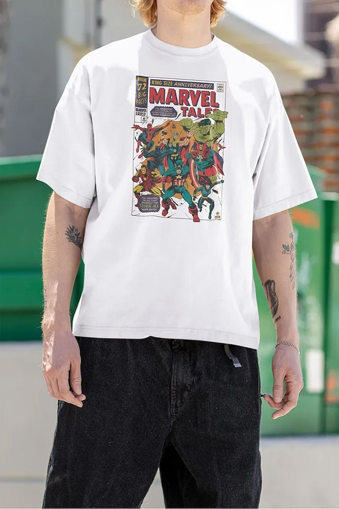 Marvel Tale Kahramanlar Baskılı Dergi Kapağı Baskılı Unisex Oversize Tişört