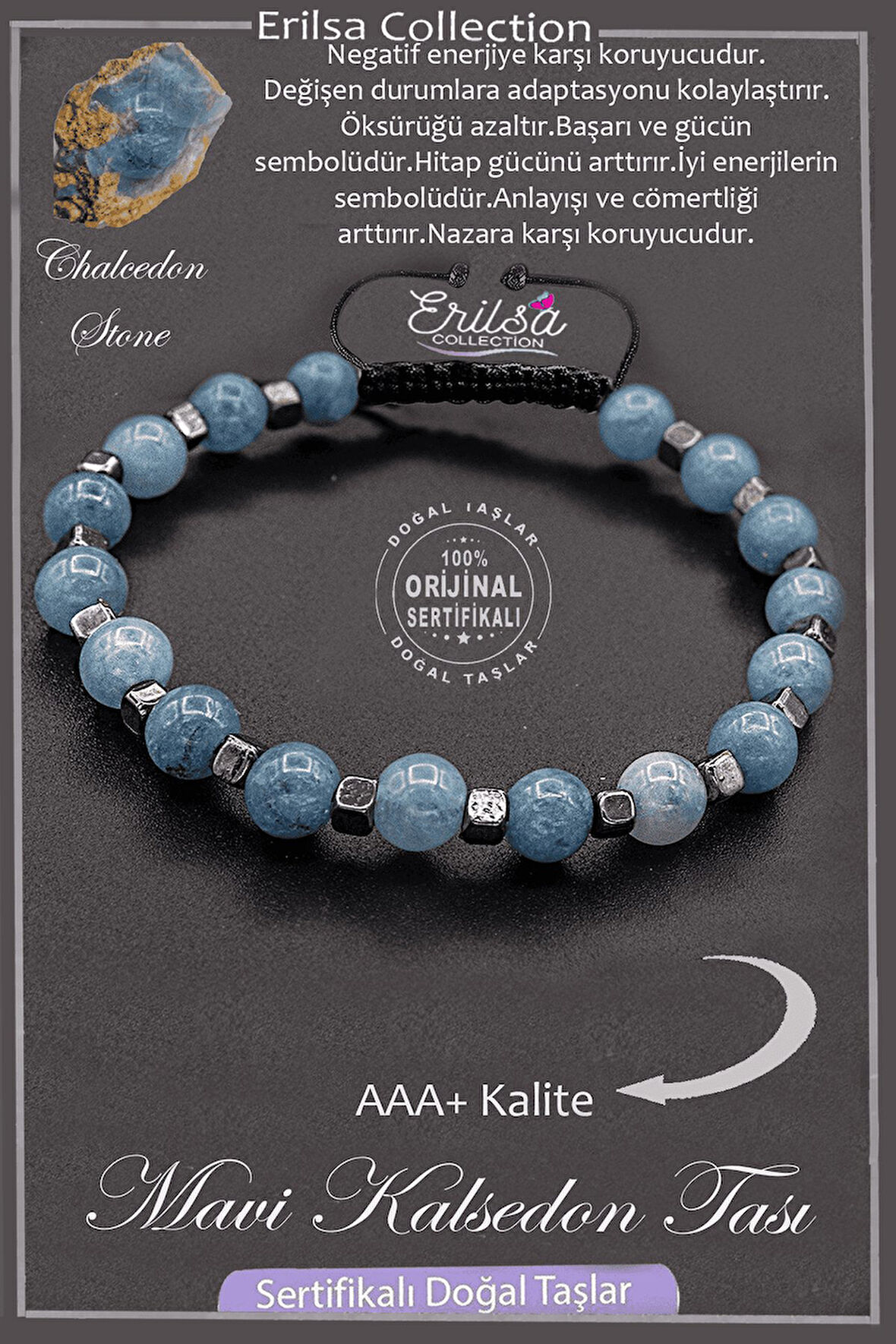 Sertifikalı AAA+ Kalite Gerçek Terahertz - Mavi Kalsedon Taşı Bileklik