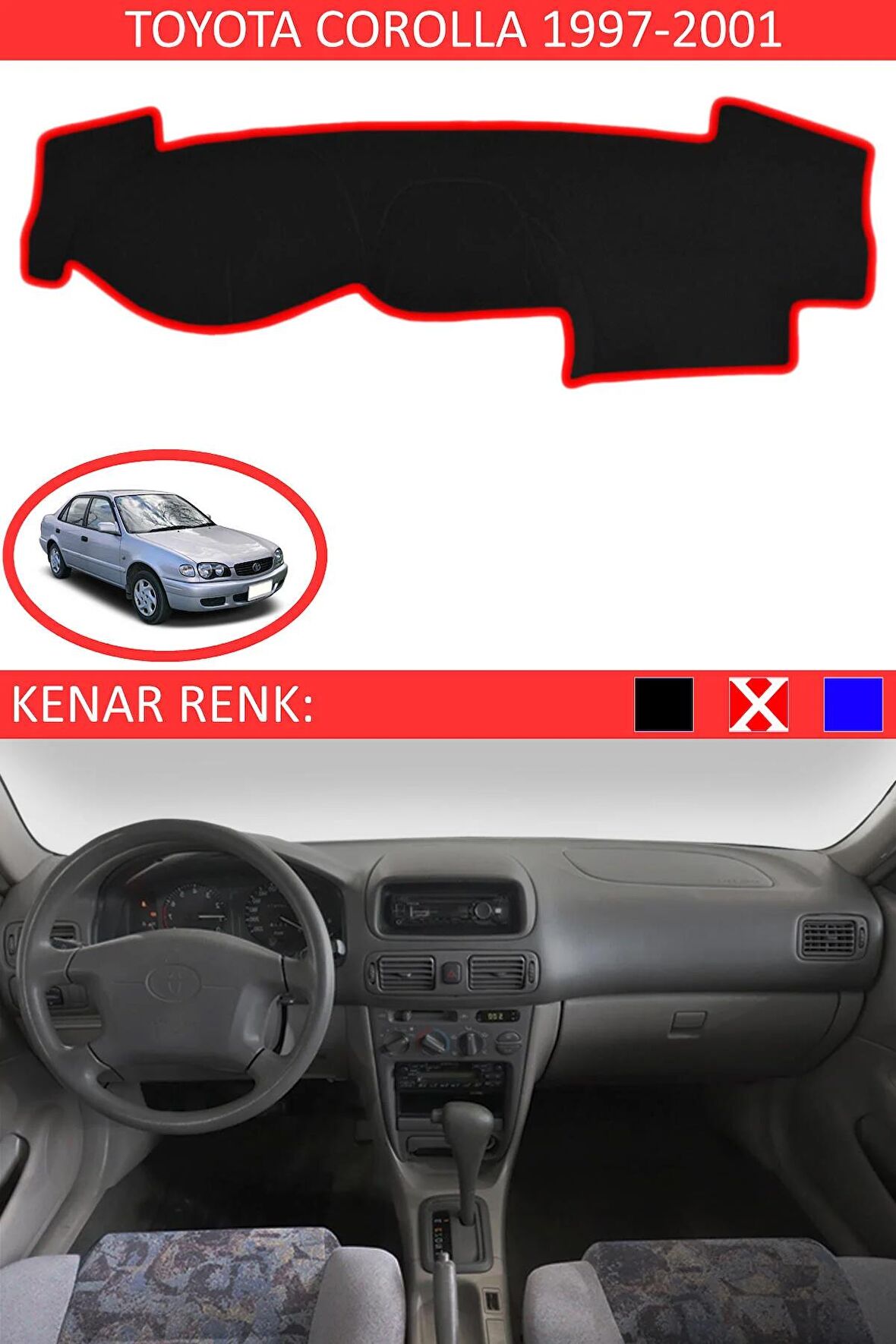 Toyota Coralla 2012-2018 İçin Uygun Torpido Koruma Halısı Siyah Kenar Renk Kırmızı