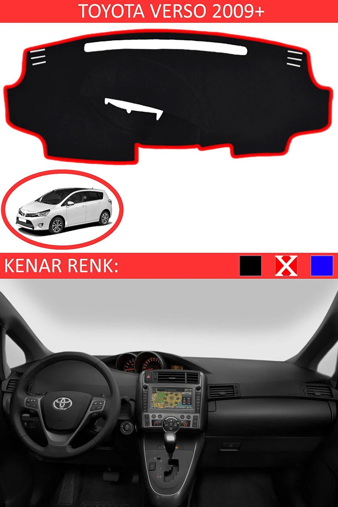 Toyota Yaris 2014 + İçin Uygun Torpido Koruma Halısı Siyah Kenar Renk Kırmızı