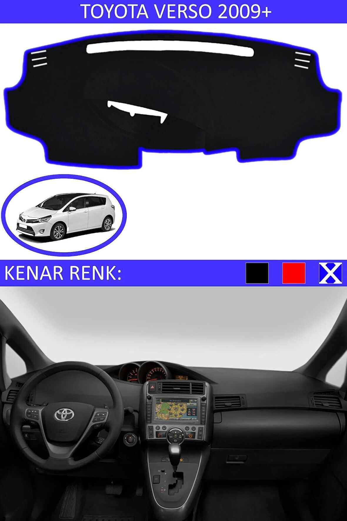Toyota Yaris 2014 + İçin Uygun Torpido Koruma Halısı Siyah Kenar Renk Mavi