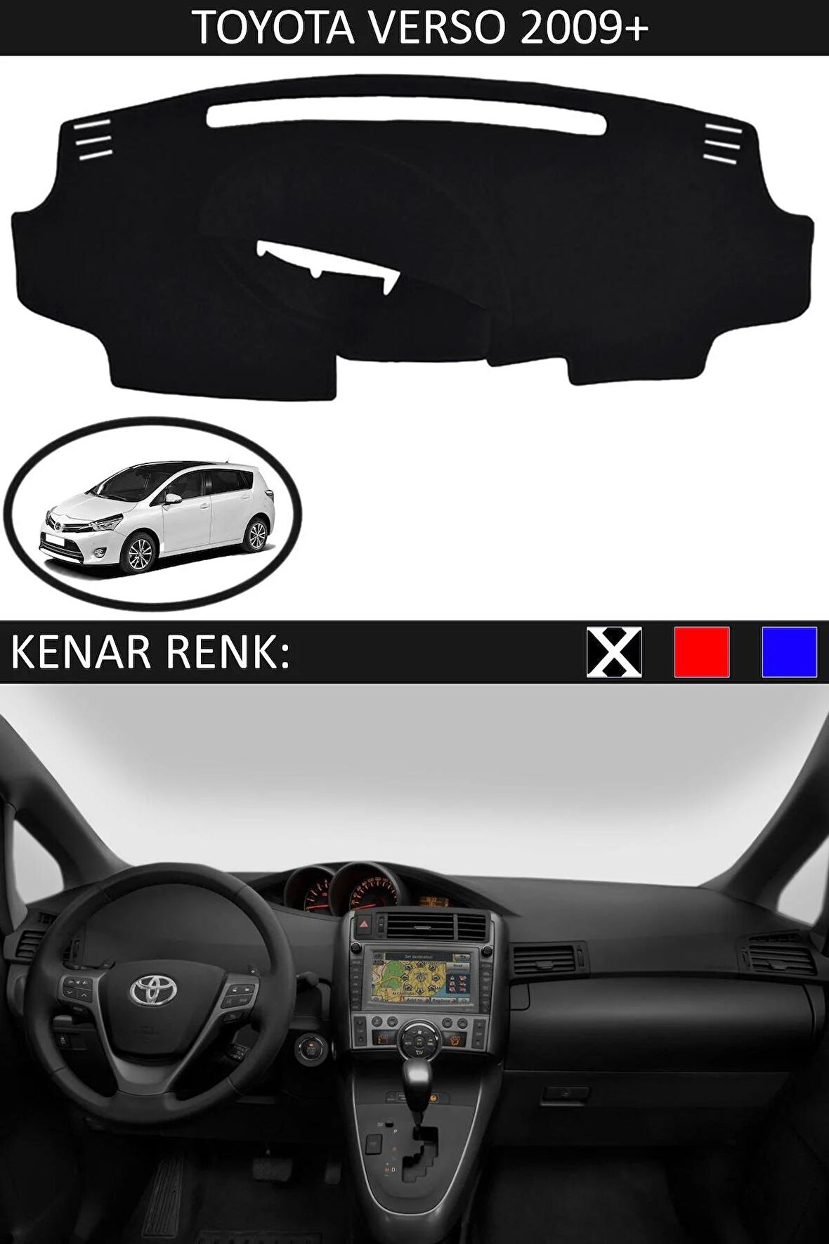 Toyota Yaris 2014 + İçin Uygun Torpido Koruma Halısı Siyah Kenar Renk Siyah