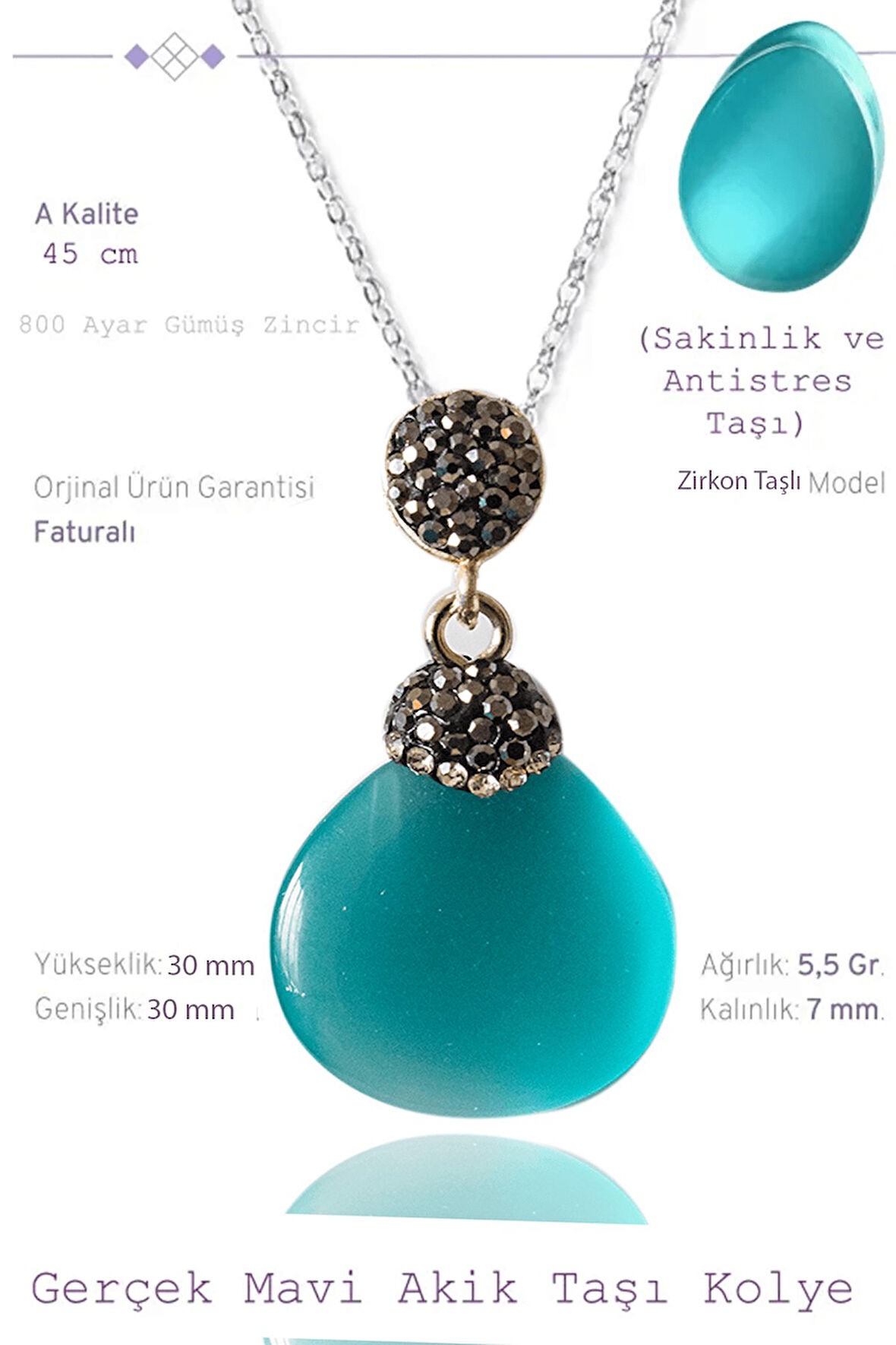 Sertifikalı Zirkon Taşlı Model Açık Mavi Akik Taşı Kolye