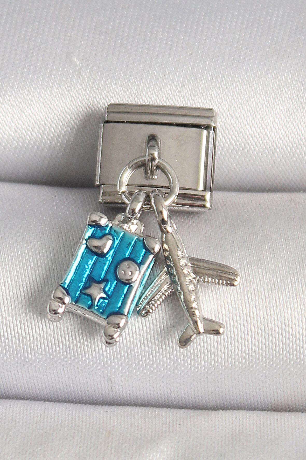 316L Çelik Gümüş Renk Mavi Bavul Uçak Model Nomination Charm - TJ-BC1227