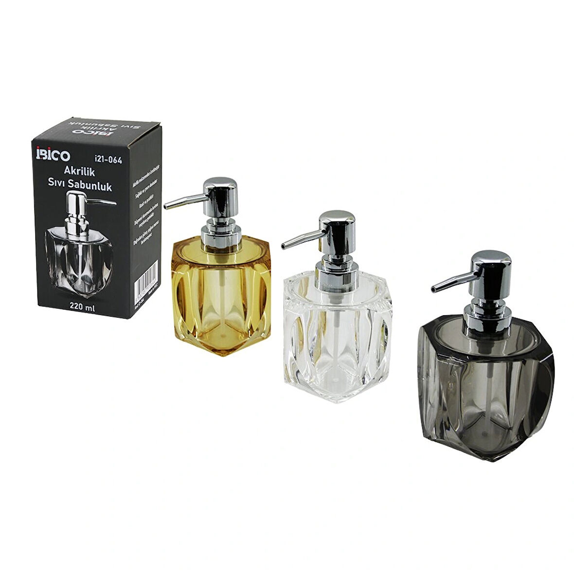 Tombul Kare - 4-kalpli Gövde  Şeffaf - Renkli   Akrilik - Mika Kristal  Sıvı Sabunluk  220ml