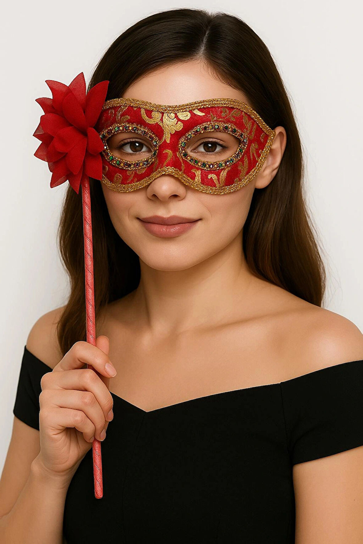 Lüks Taşlı Saplı Maskeli Balo Maskesi Kırmızı Renk 35 Cm