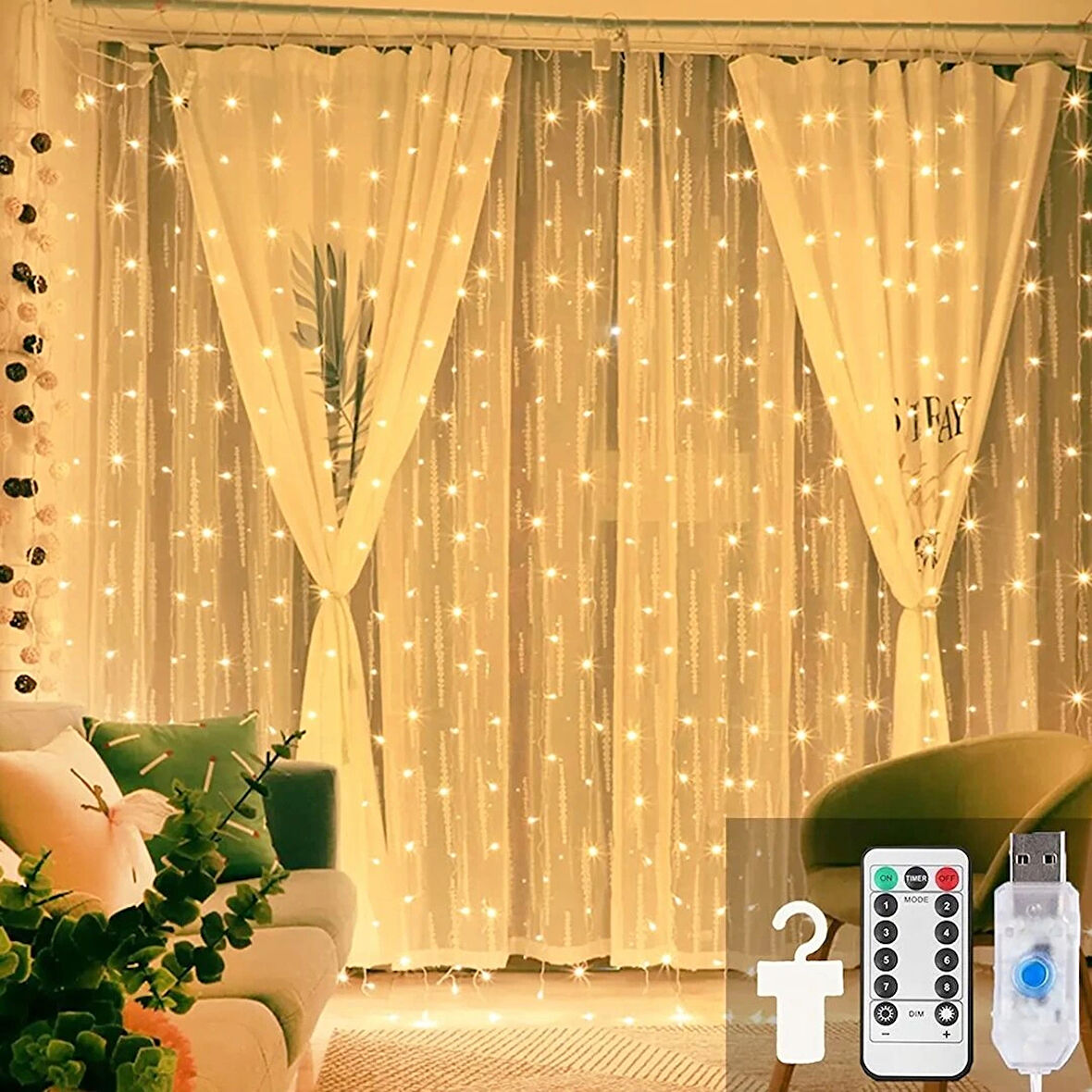 Beyaz Usb  3x3 Mt - 200 Led Peri Led Dekor Lamba