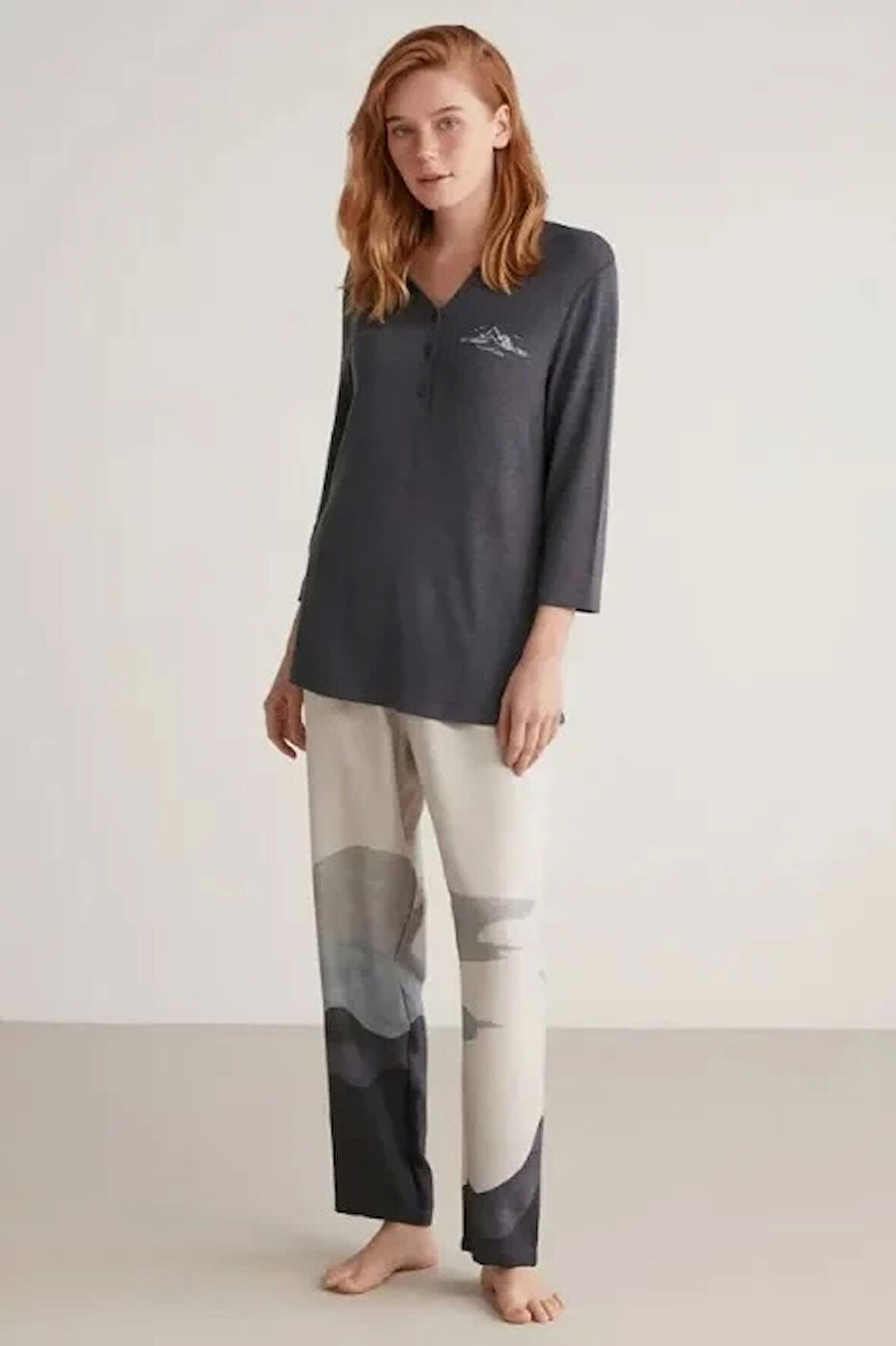 Nautıca W604 Kadın Patlı V Yaka Uzun Kollu Pijama Takımı