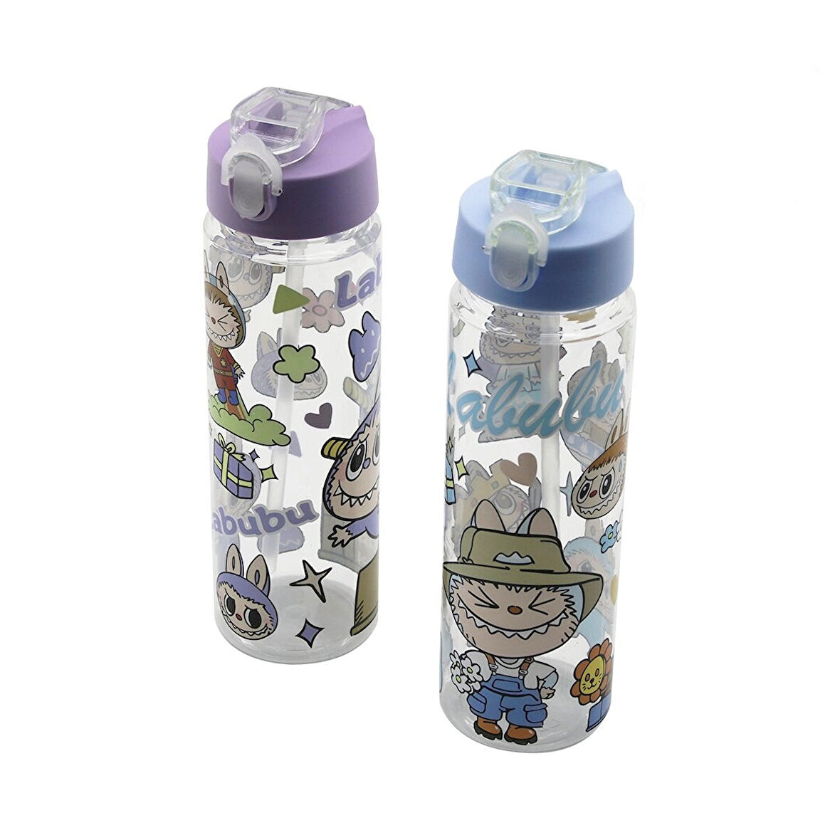Labubu Çocuk Çizgi Film Karakter Resimli Su Matarası Şeffaf Plastik Pipetli Kilitli Kapak