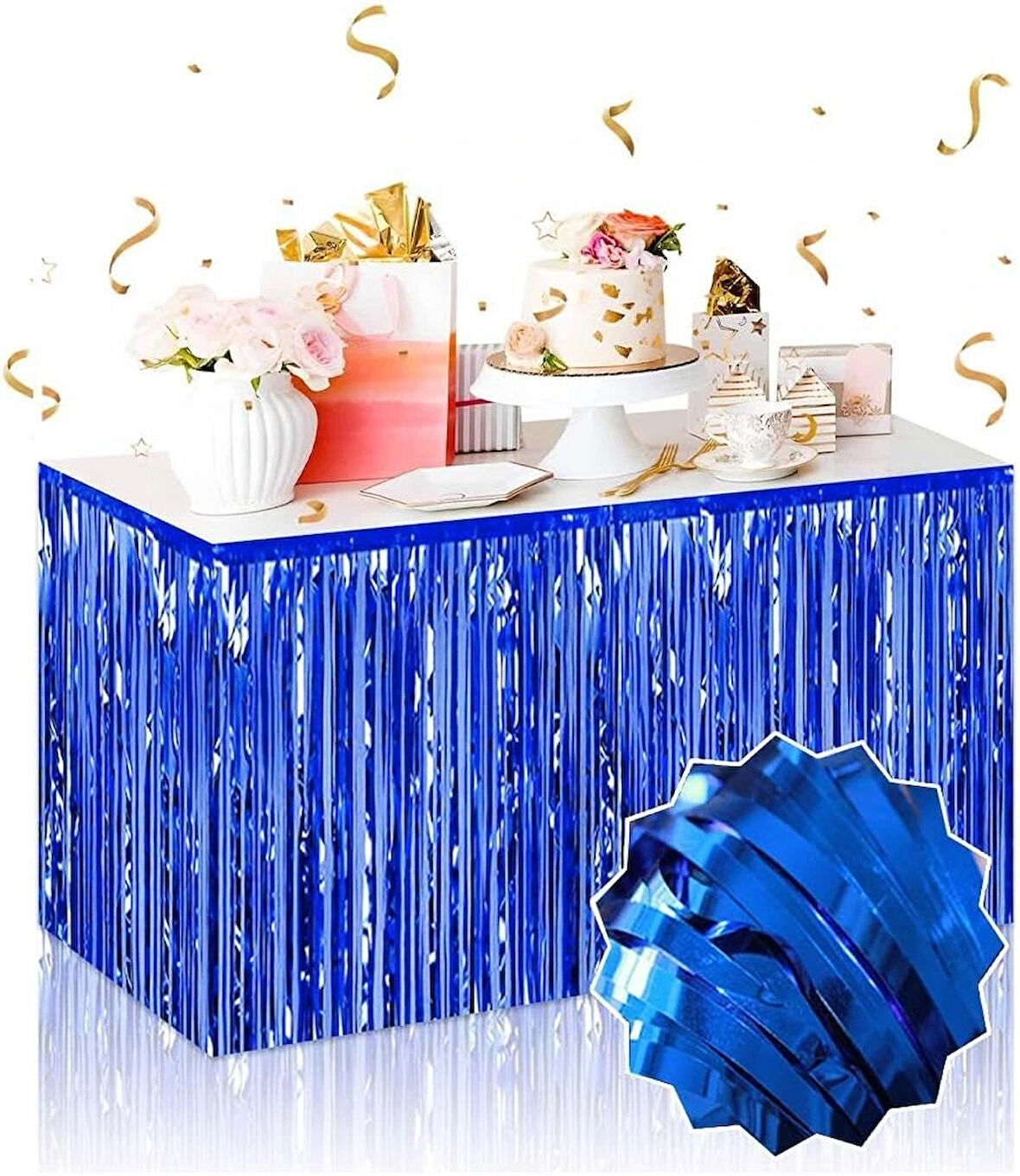 Kendinden Yapışkanlı Mavi Metalize Püsküllü Masa Eteği – 75 X 275 Cm Parti Süslemesi