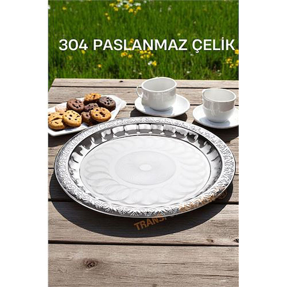  Servis Tepsisi - Çelik Çay Tepsisi  Şık Desenli Tepsi 44 CM