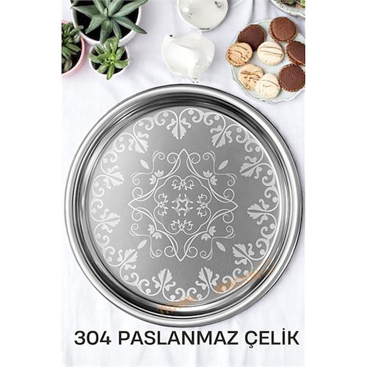  Servis Tepsisi - Çelik Çay Tepsisi  Şık Desenli Tepsi 41 CM