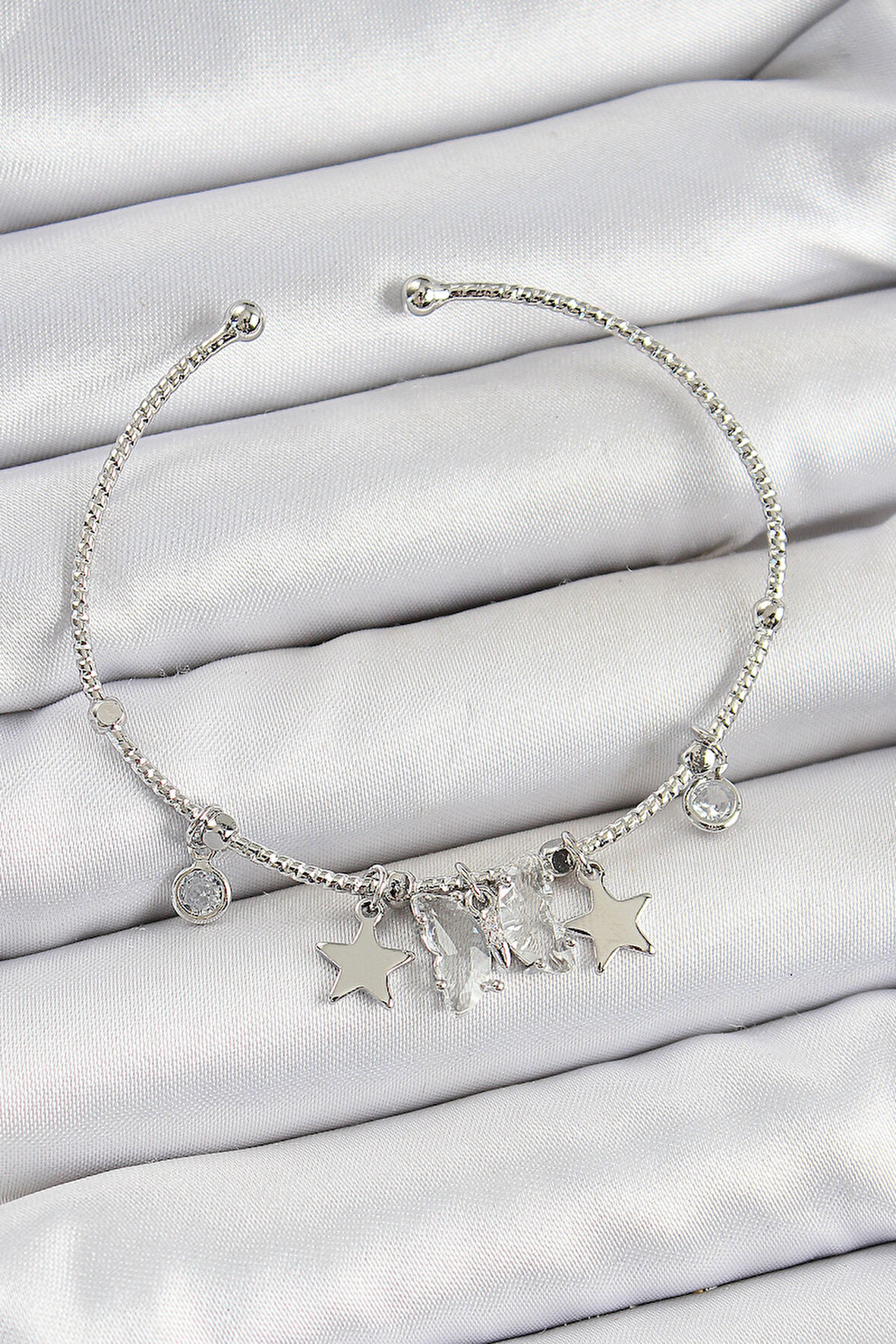 Pirinç Zirkon Taşlı Kelebek Ve Yıldız Model Gümüş Renk Charm Bileklik - TJ-BB7345