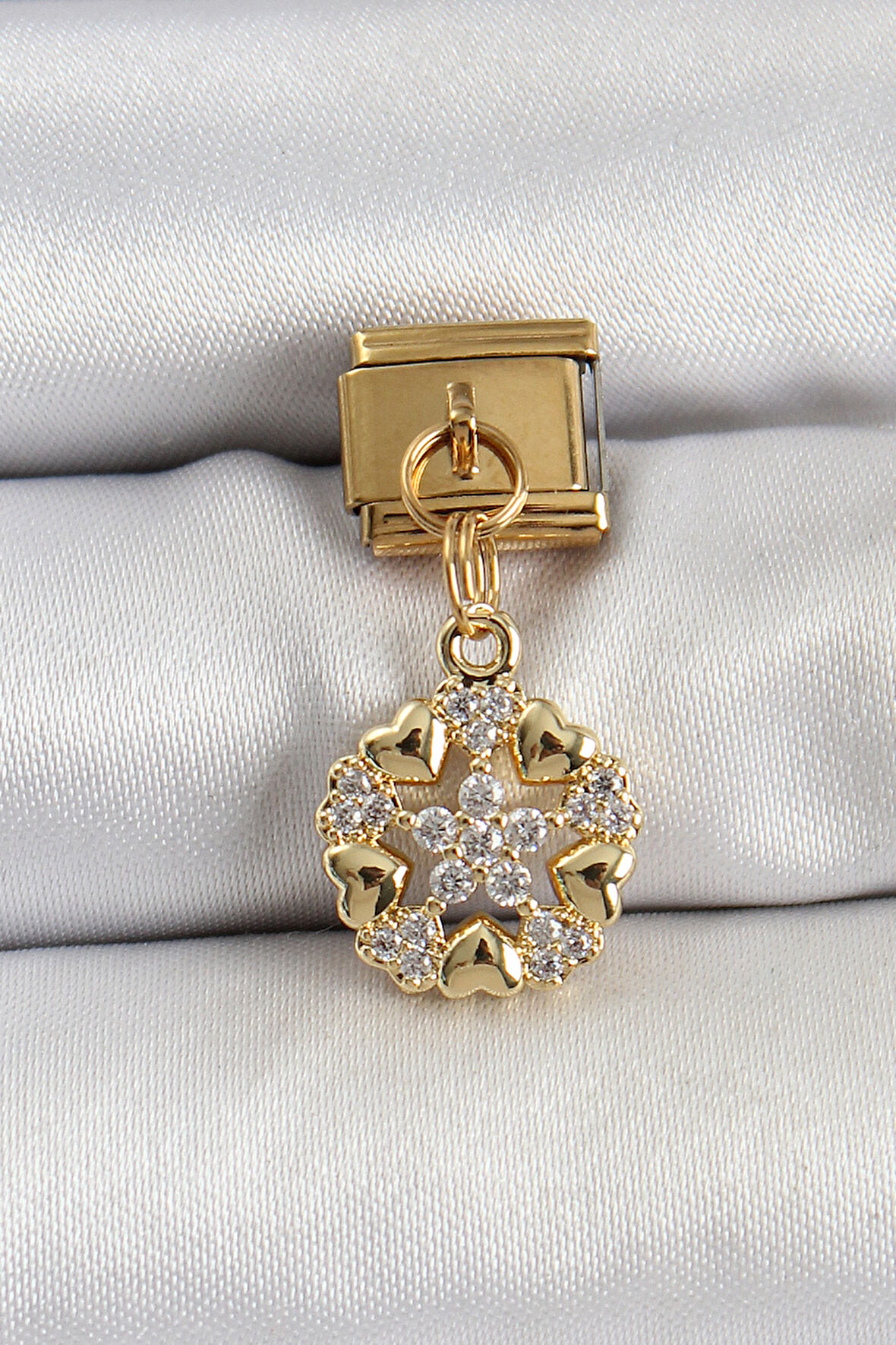 316L Çelik Sallantılı Zirkon Taşlı Kalp Detaylı Yıldz Model Gold Renk Nomination Charm - TJ-BC1415