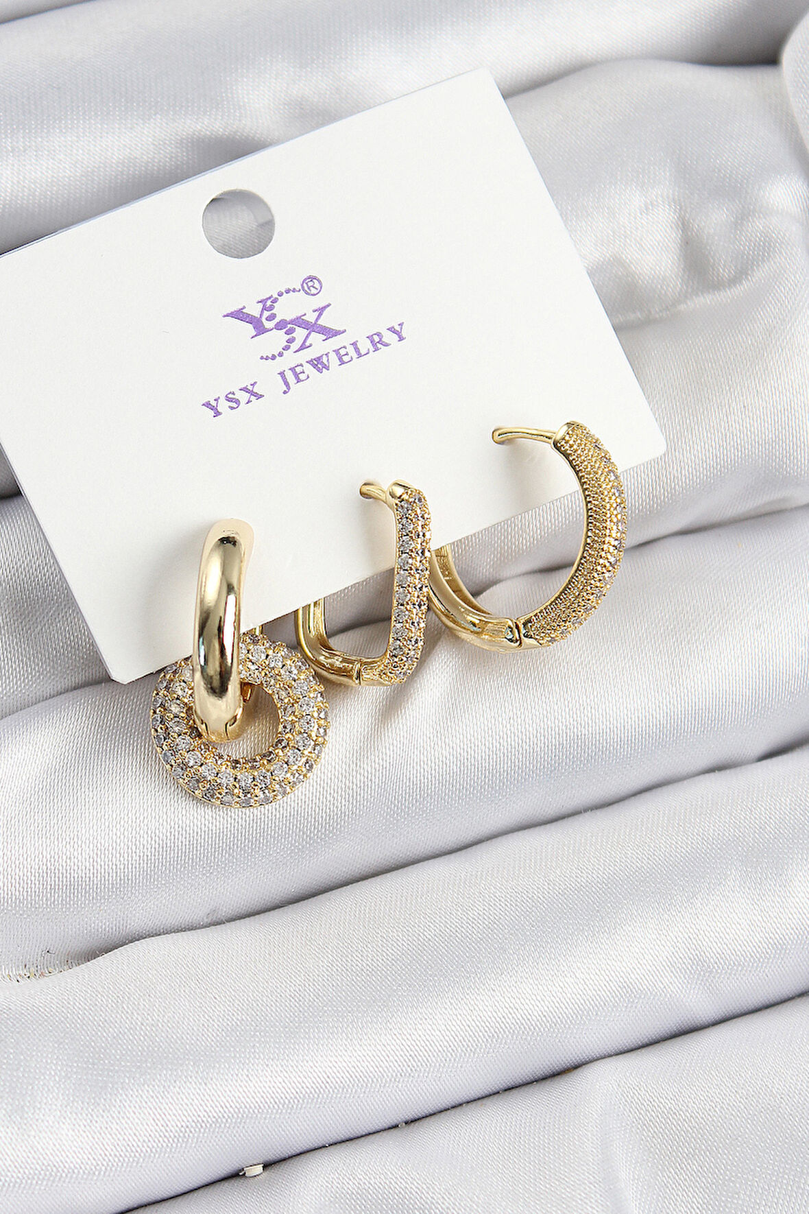 Pirinç Zİrkon Taşlı Halka Model Gold Renk 3'lü Kadın Küpe - TJ-BKP10945